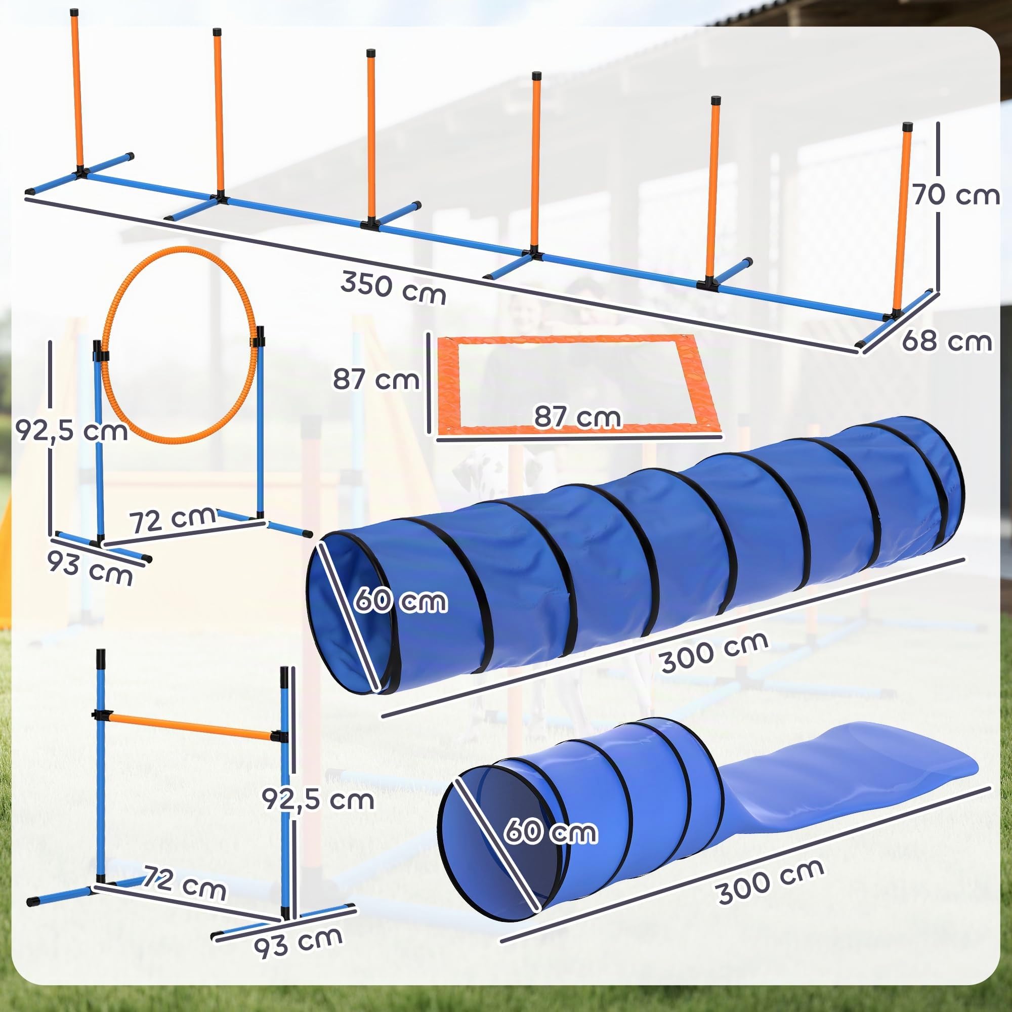 PawHut 11-teiliges Set Agility-Ausrüstung für Hunde Höhenverstellbar | 2 Tunnel, Sprungring & Hürden, Slalomstangen, Pause-Box, Tragetasche, Ball, Steckhürdenset, für Hundetraining