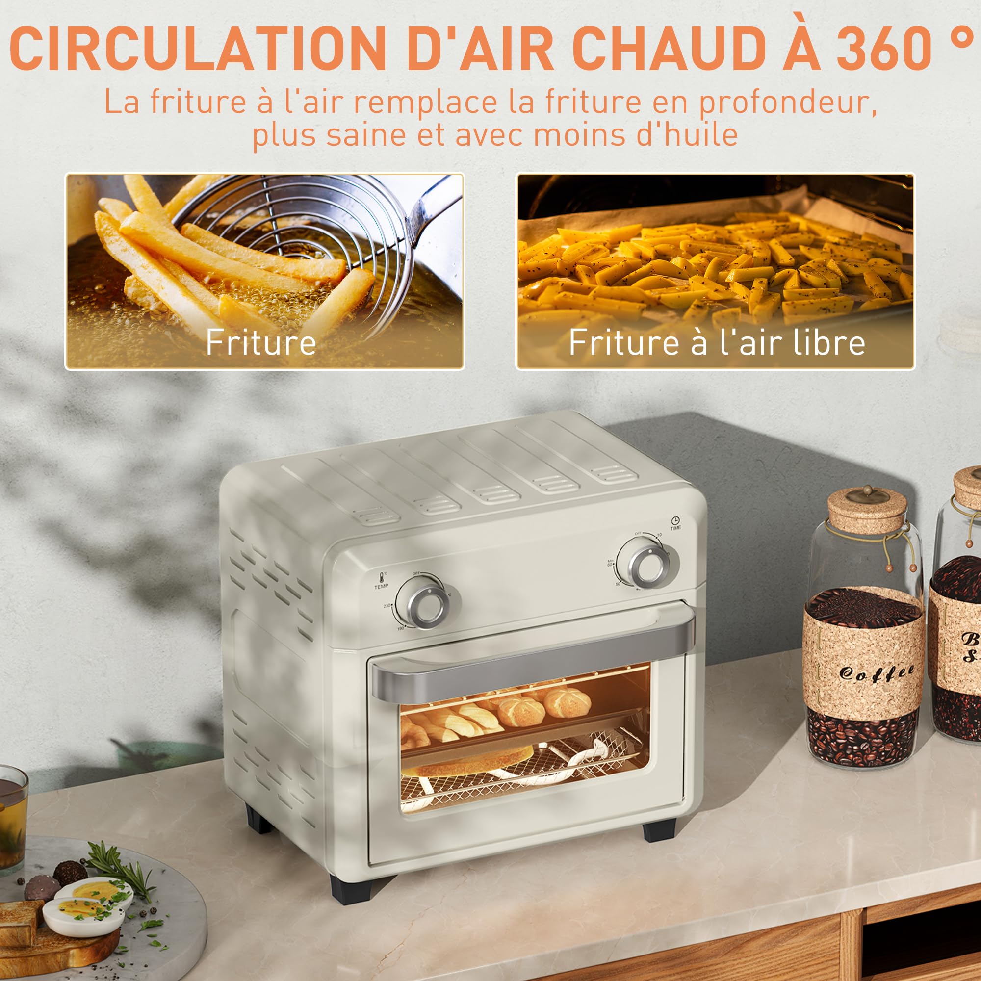 HOMCOM Mini four à air chaud 10L, four à chaleur tournante 1000W friteuse sans huile minuterie 60 min avec température réglable 80°C-230°C, plaque & grille de cuisson inclus, crème