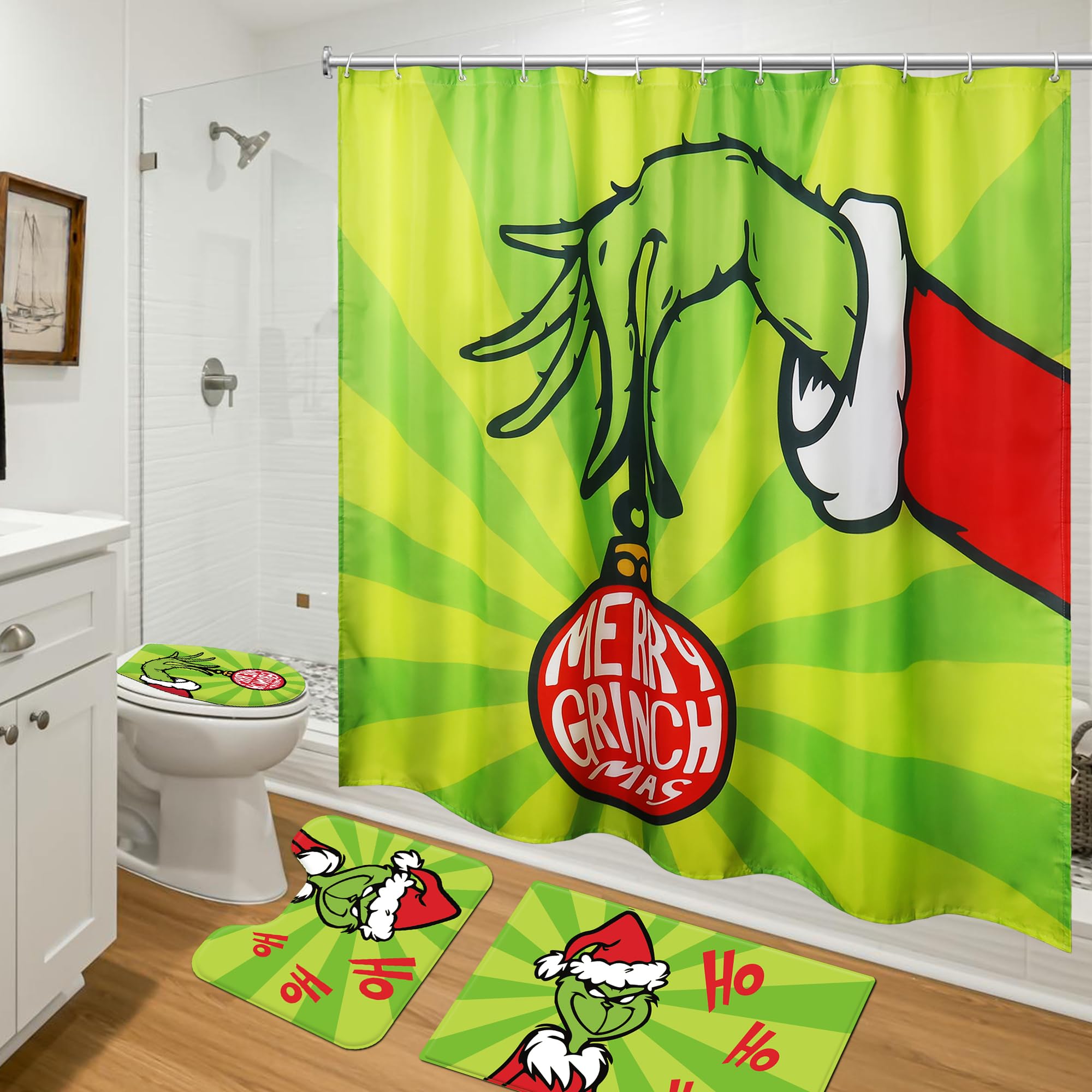 Amazon.com: 4 Pcs Bathroom Sets Christmas Decorations, Shower Curtains ...