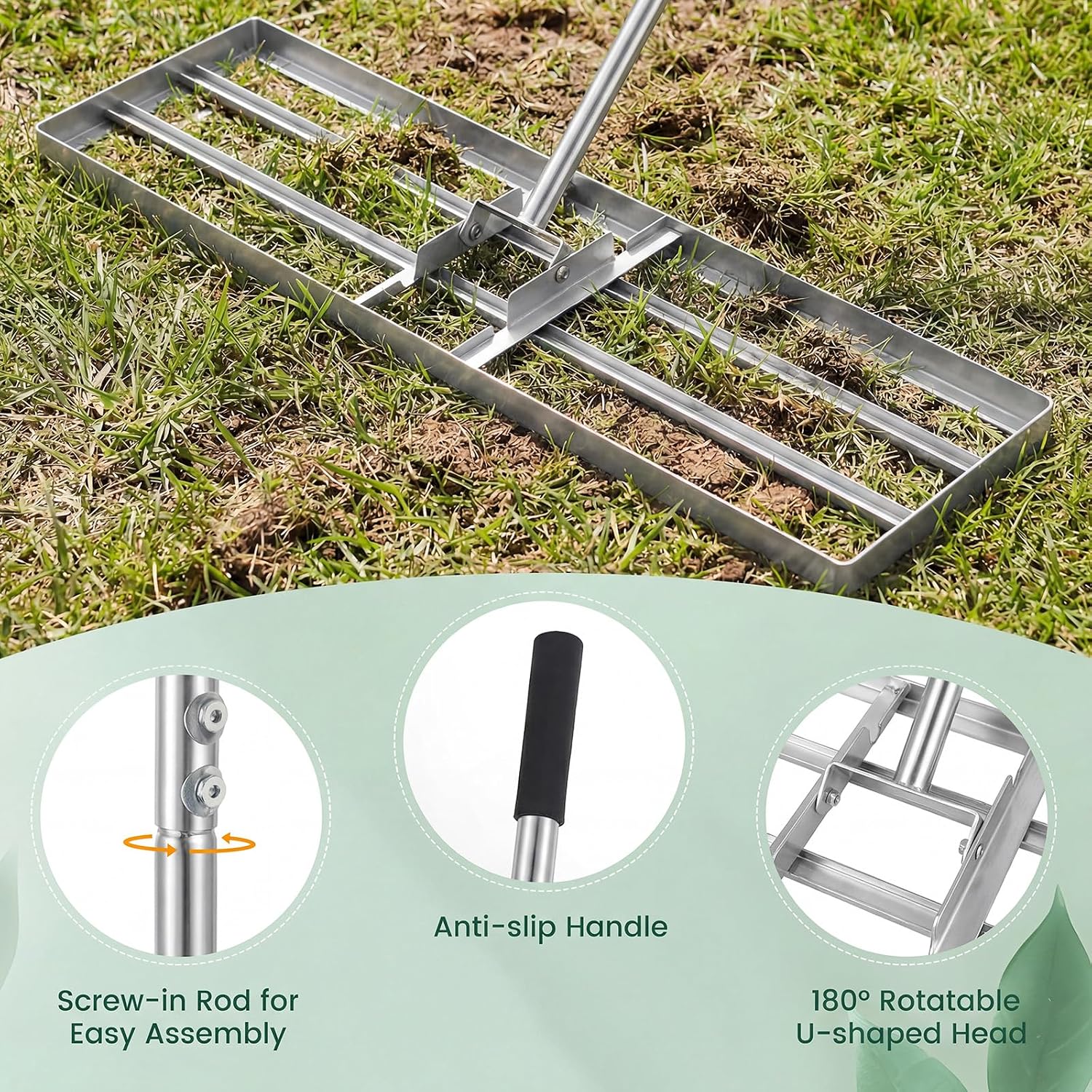 Goplus 36" x 10" Lawn Leveling Rake, Effort-Saving Landscape Lawn Tool with Ergonomic Handle for Soil, Garden, Backyard, Golf Course, Farm, and Pasture, Black (Sliver)