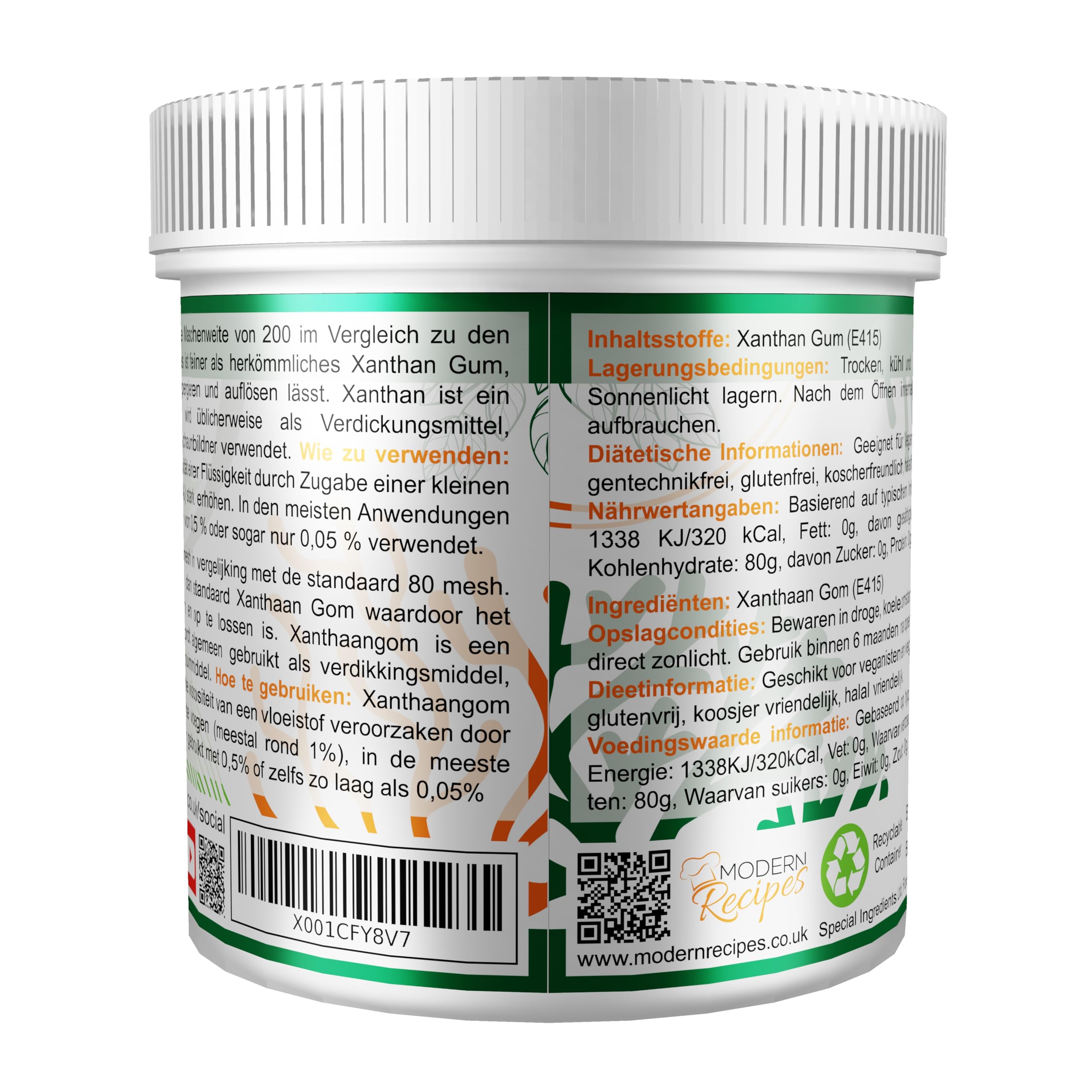XANTHAN 500g EXTRAFEINE PULVER HÖCHSTER LEBENSMITTEL QUALITÄT - GLUTENFREI, NON GMO (DEUTSCHE ETIKETTEN UND ANLEITUNGEN)
