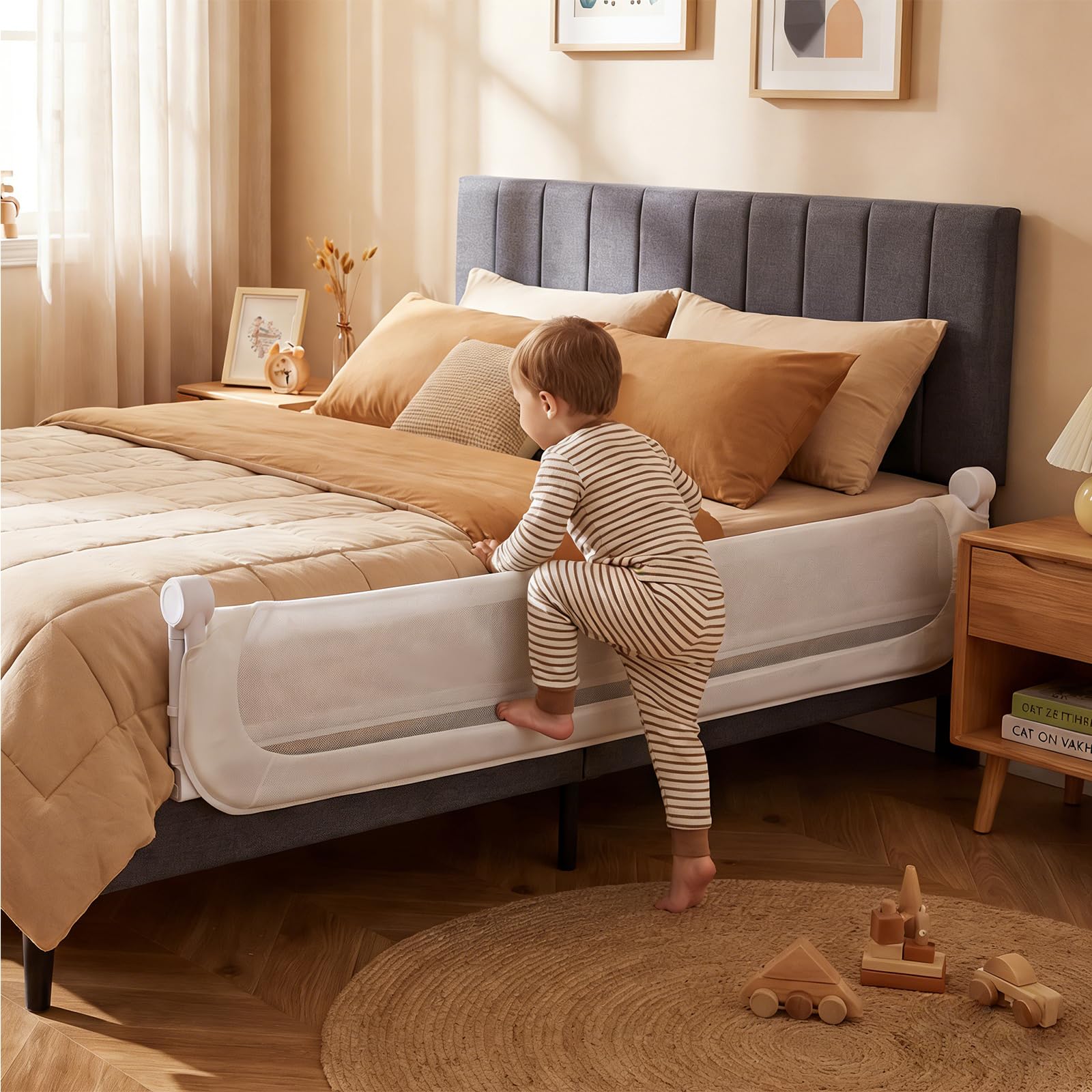 RELAX4LIFE Barrière de Lit Rabattable 180 cm, Barriere de Securite Enfant Lit, Double Verrouillage, Maille Respirante, Base Métallique, Protection Anti-Chute, pour Matelas 10-28 cm d'Épaisseur (Blanc)