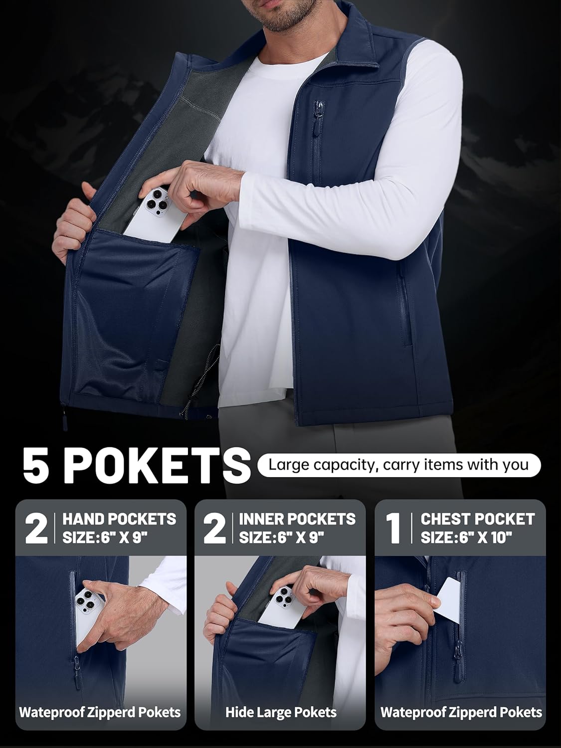 Mens Waterproof Golf Vest Fleece Lined Warm Outerwear Softshell Windproof Sleeveless Lightweight Winter Jacket - Image 4