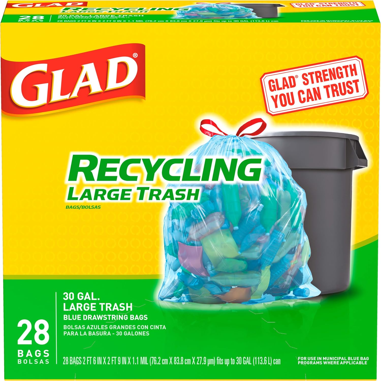 Glad Trash Bags, Large Drawstring Garbage Bags, 30 Gallon Blue Trash Bags for Large Kitchen Trash Can or Recycling, 28 Count – Packaging May Vary