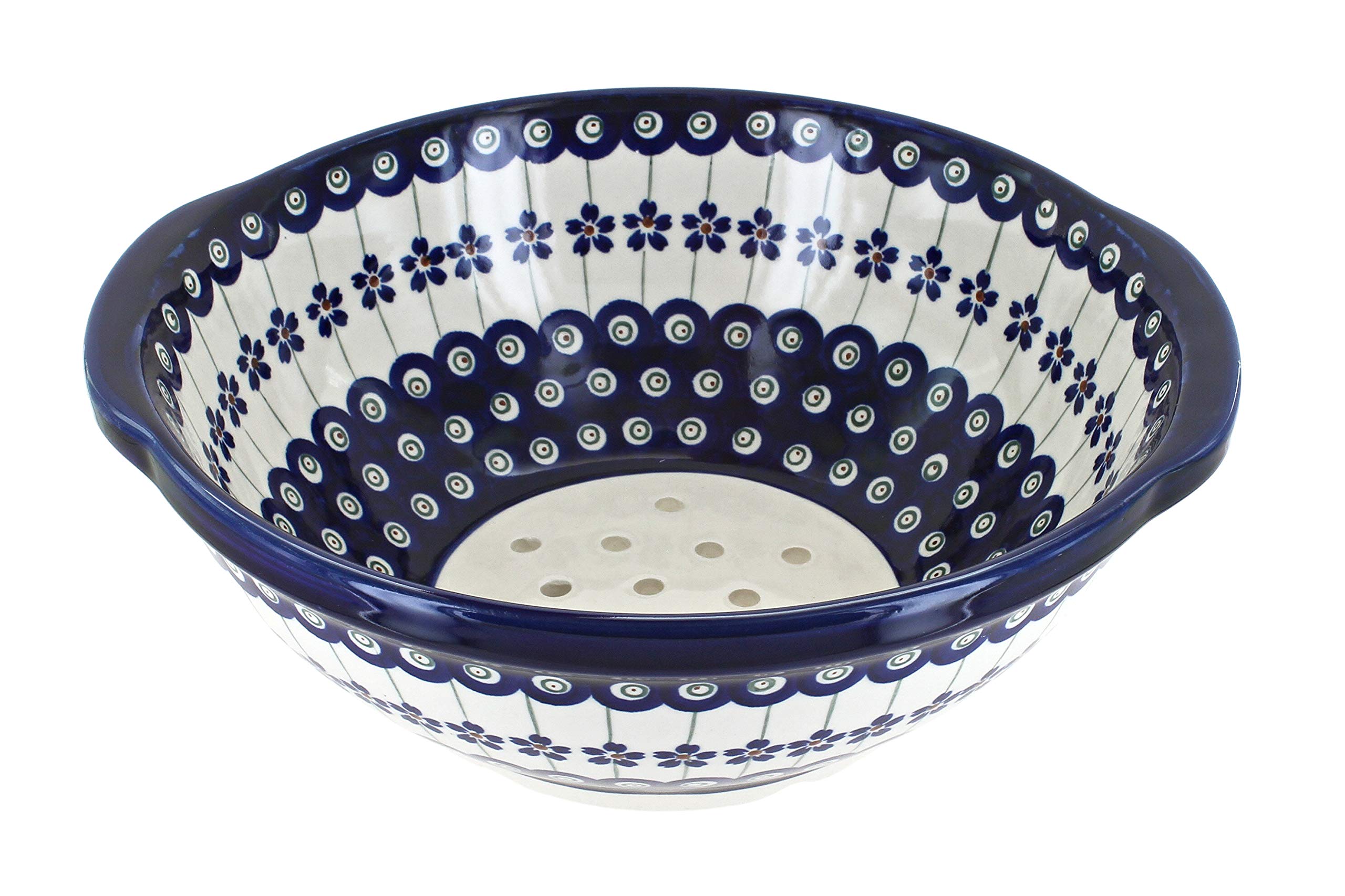 Blue Rose Polish Pottery - Blue Flowering Peacock Colander - 9.5" Diameter - Hand-Painted Polish Pottery Ceramic Kitchen Strainer with Handles