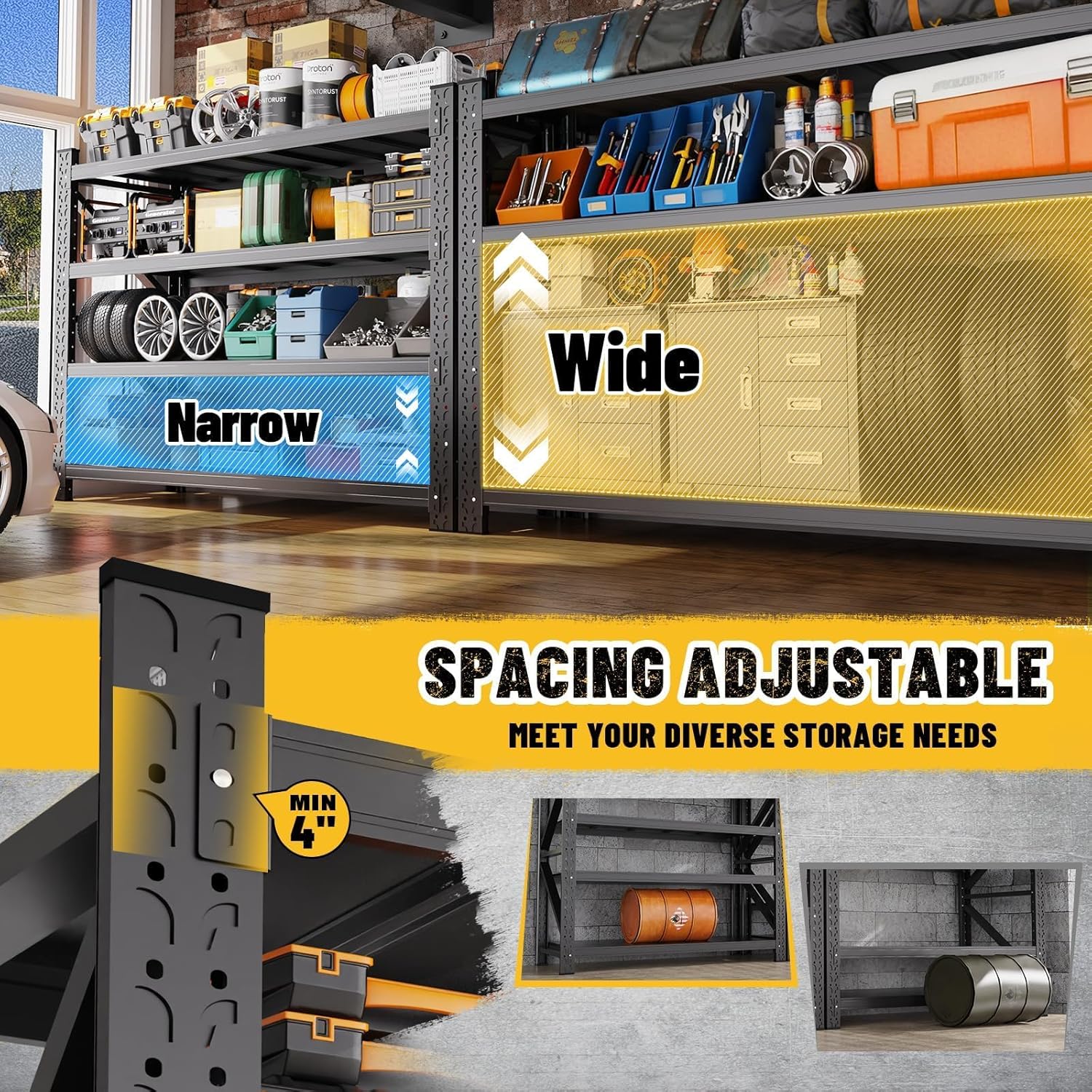 Garage Shelving Heavy Duty, Garage Storage Shelves 5000LBS Metal Shelving Unit 4T Adjustable Industrial Utility Shelf Black Organization Rack for Warehouse Storage,71''H x 70''W x 24''D