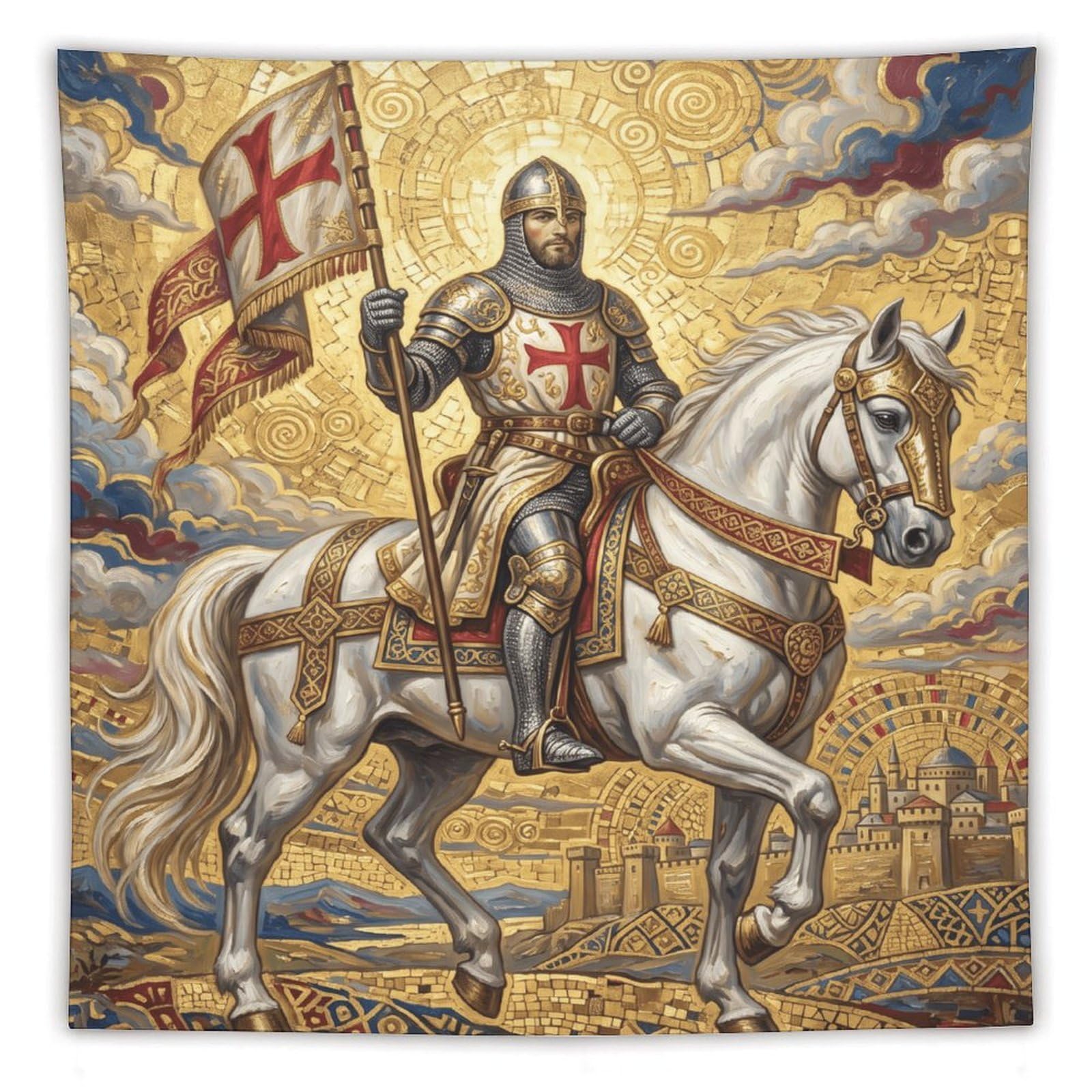 W7C8U2X3 Templar Knight Wall Tapestry, Renaissance Art Style, White Horse
