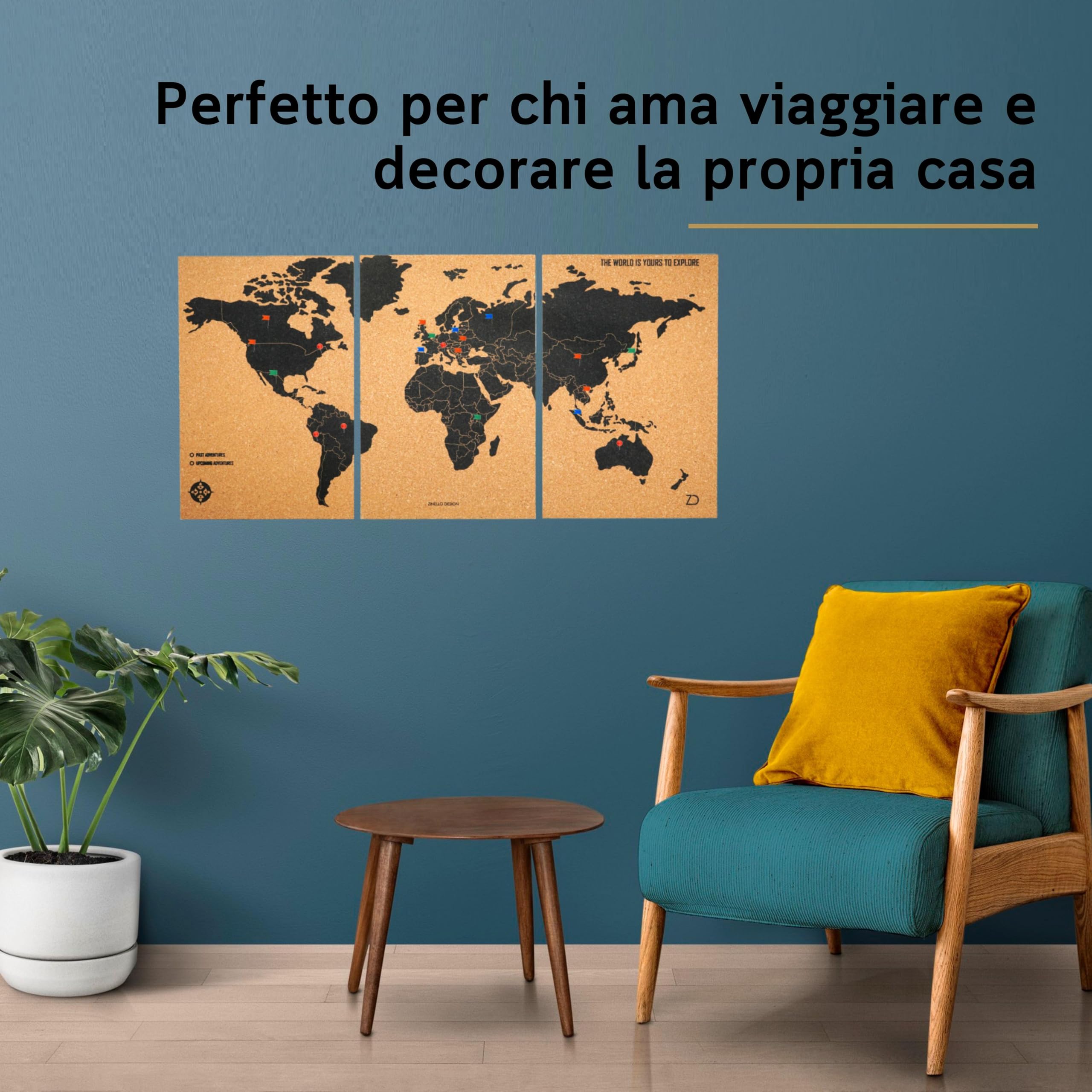 Zinello Design – Mappa del Mondo in Sughero da Parete 60×30 cm (3 Pannelli Adesivi) con 60 Puntine – Quadro Decorativo Viaggi Personalizzabile – Poster Murale Ecologico – Idea Regalo