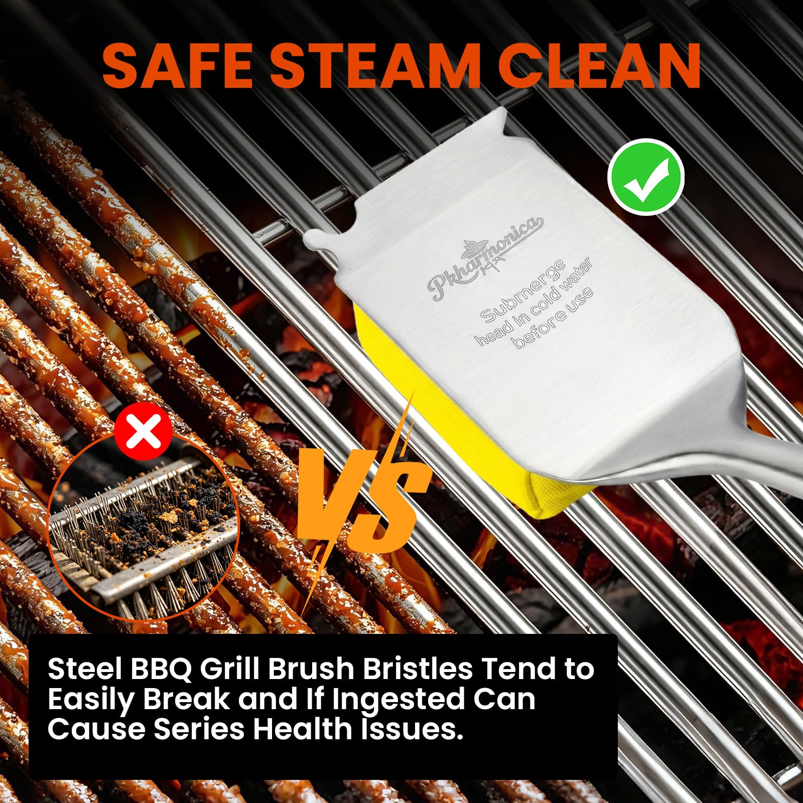 Grillbürste für Outdoor-Grill, borstenfreie Grillbürste mit Schaber, sicherer Dampfgrillreiniger für BBQ & Grillplatte, langer Rosenholzgriff erreicht Ecken, für Porzellan, Gusseisen & Edelstahlroste