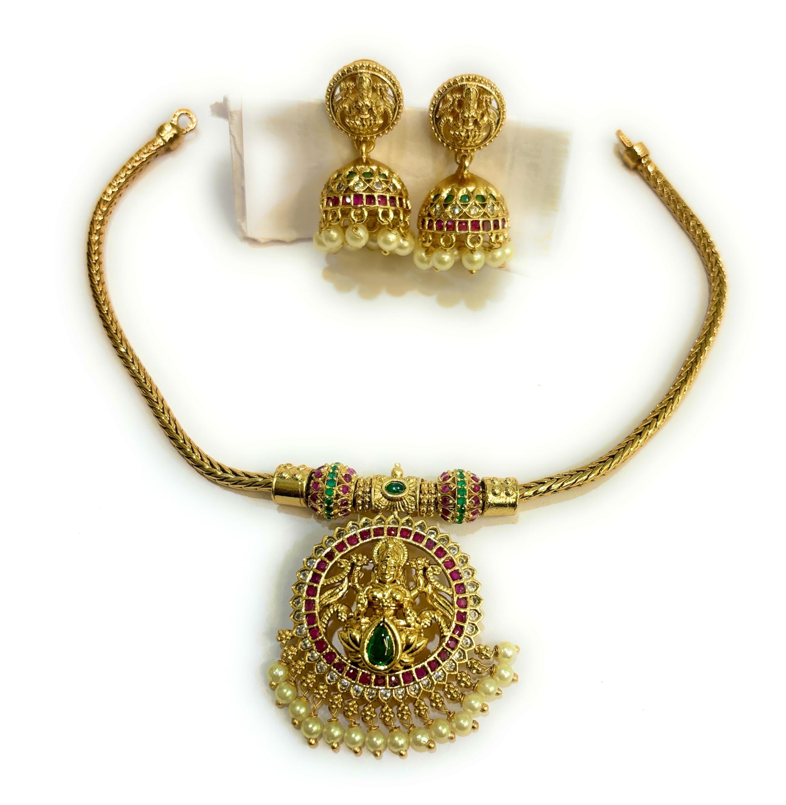 Adyashree EmporiumGold plated LAKSHMI NECKLACE Red Ruby Choker Design Ruby & Emerald, South Indian Wedding Latest Fashion Traditional Temple Jewellery set for Girls & Women.