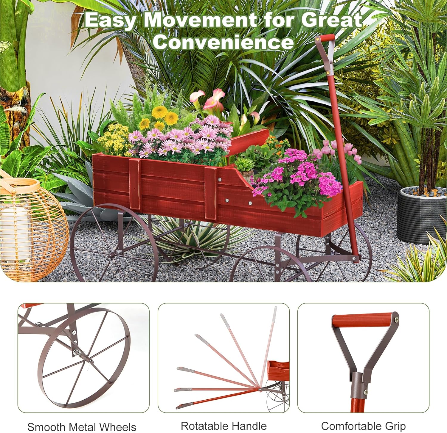 Wooden Wagon Planter, Decorative Garden Wheelbarrow Planter with 2 Planting Sections, Rolling Wheels, Adjustable Handle, Small Wagon Cart Planter Stand for Flowers Vegetables Herbs (Red)