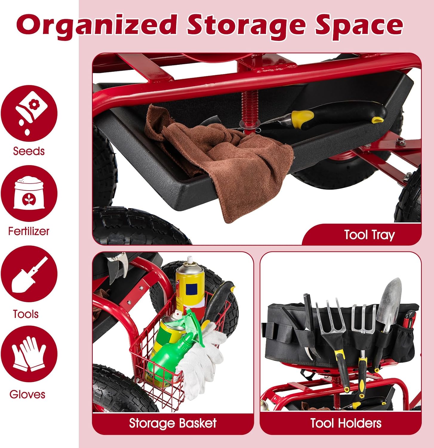 IRONMAX Garden Cart with Seat, Gardening Rolling Stool Scooter w/ 10’’ All-Terrain Wheels, Replaceable Handle & Removable Cushion for Planting, Outdoor Gardening Work Seat for Patio, Yard (Red)