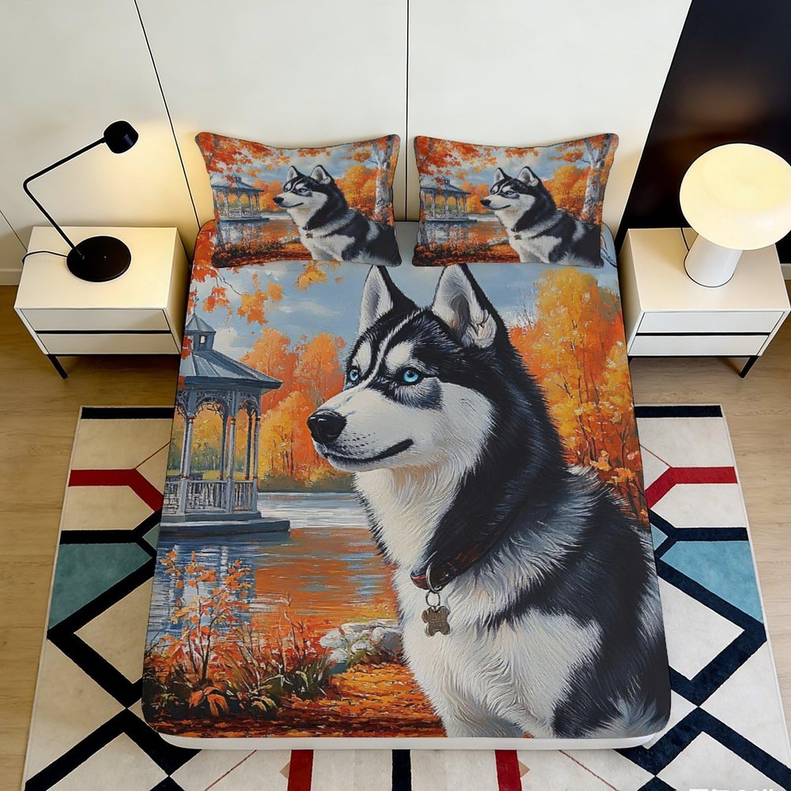 3D Printed Autumn Forest Husky Fitted Sheet Microfiber Soft Breathable Siberian Dog Bed Cover for Bedroom Dormitory Guest Room Mattress Protection 180x200x25cm