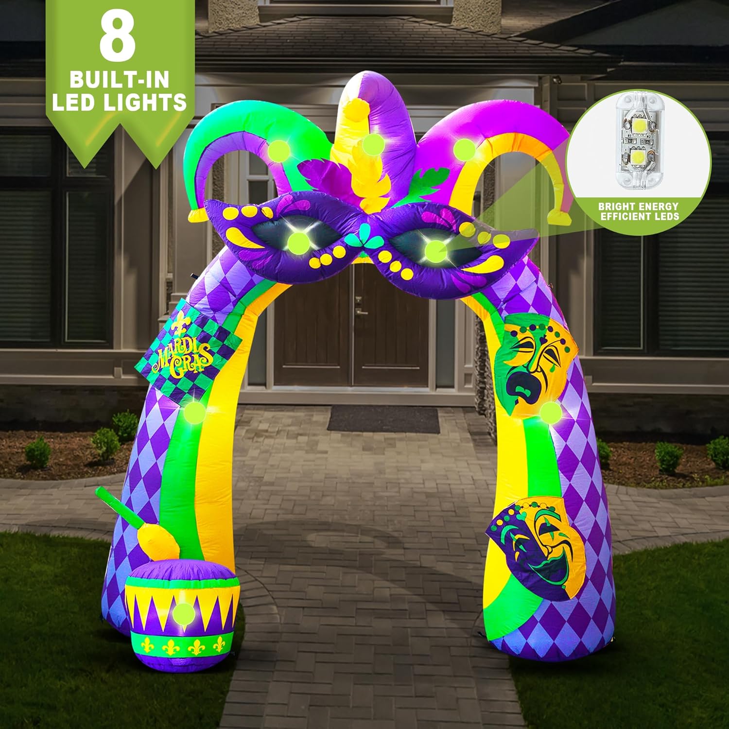 9.5FT Tall Mardi Gras Inflatables Archway Yard Decoration Built-in LED Lights for Fat Tuesday, Lenten Season Party Indoor, Outdoor, Garden, Lawn Decor