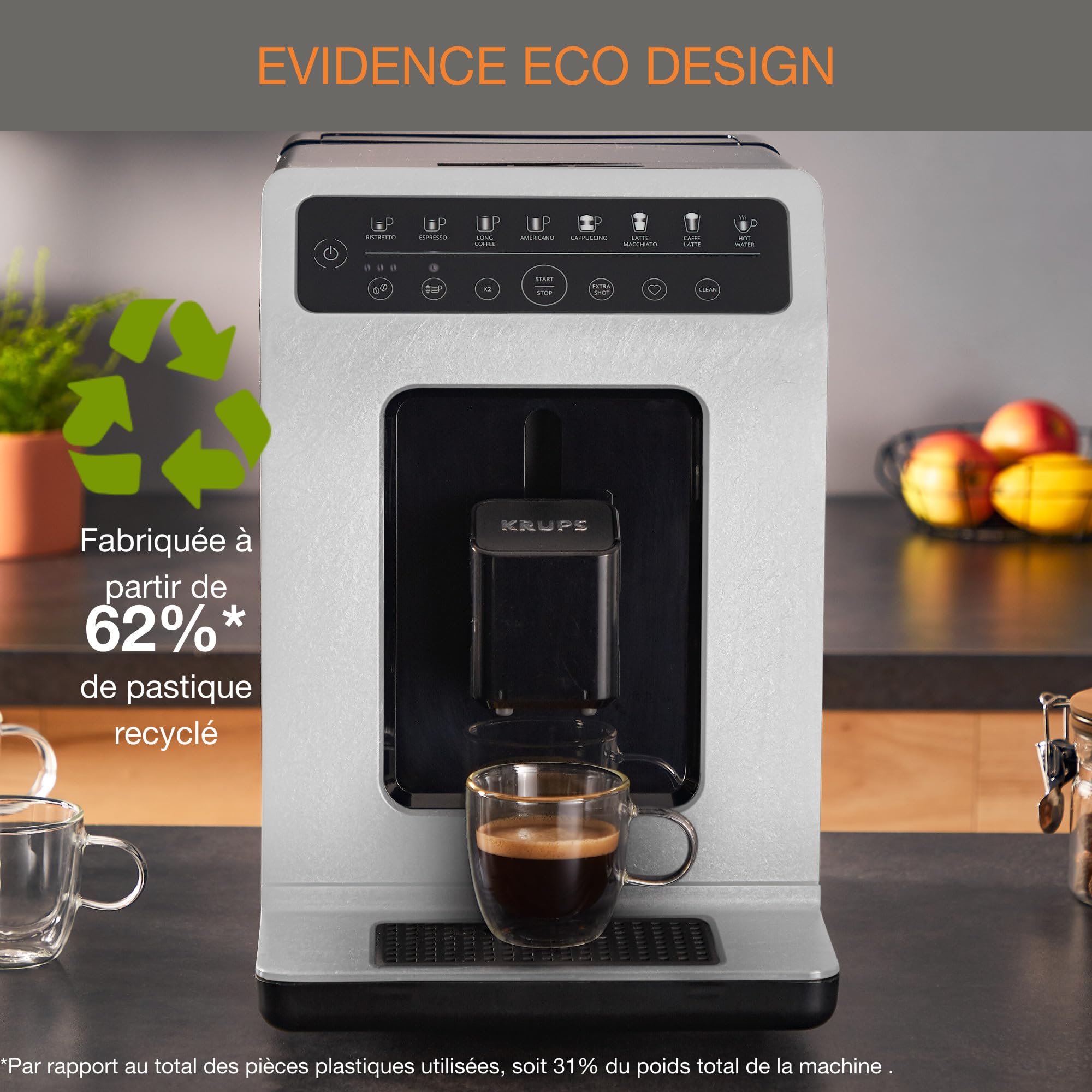 Machine cappuccino et expresso automatique KRUPS Evidence Eco-Design, goût exceptionnel, Quattro Force, boissons à base de lait grâce au système One-Touch, 8boissons préréglées, EA897A