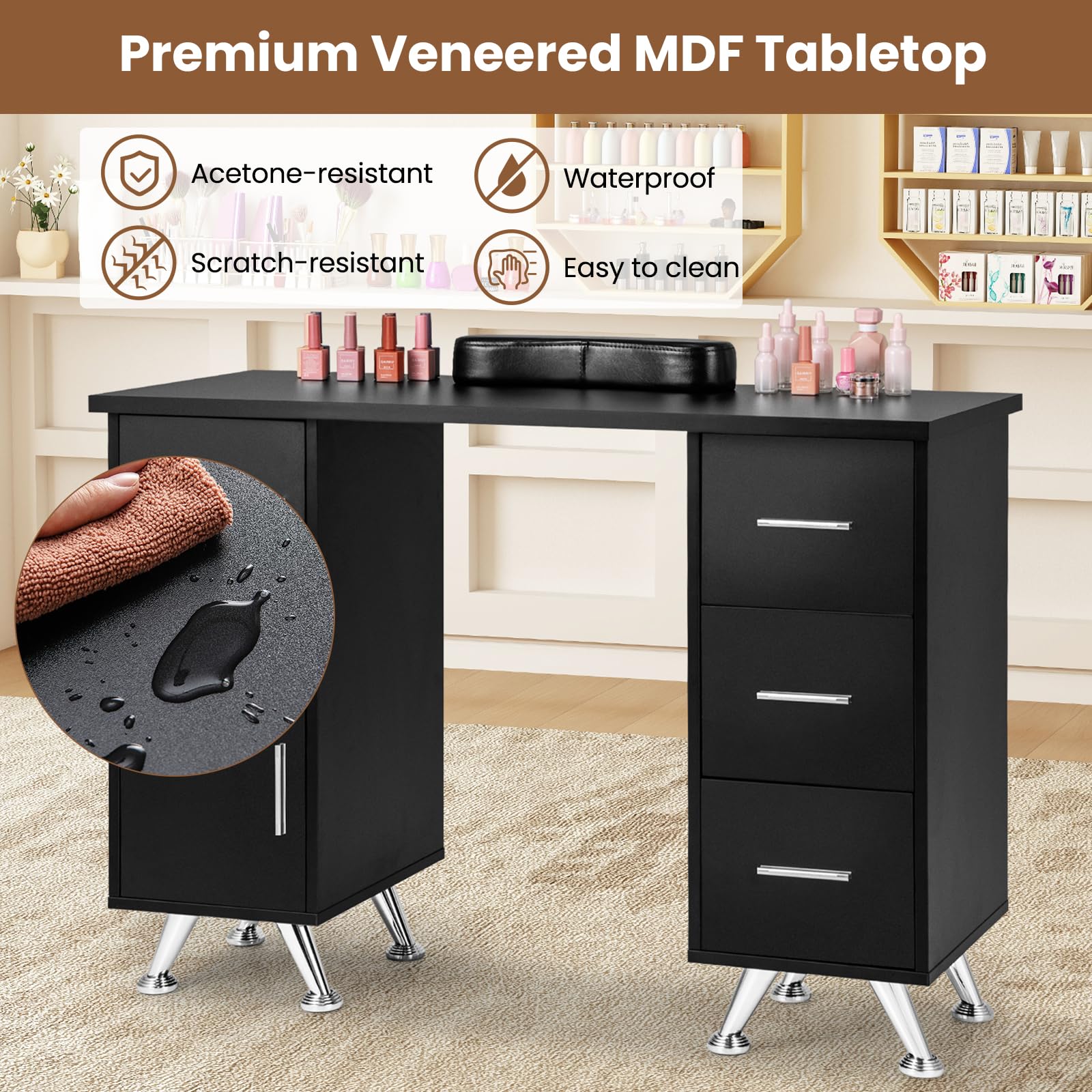 HOMASIS Tavolo per Manicure in Legno, Scrivania per Unghie con 3 Cassetti, 2 Armadietti, Poggiapolsi Rimovibile, Tavolo da Nail Art con Piedini Metallici per Salone di Bellezza, Trucco (Nero)