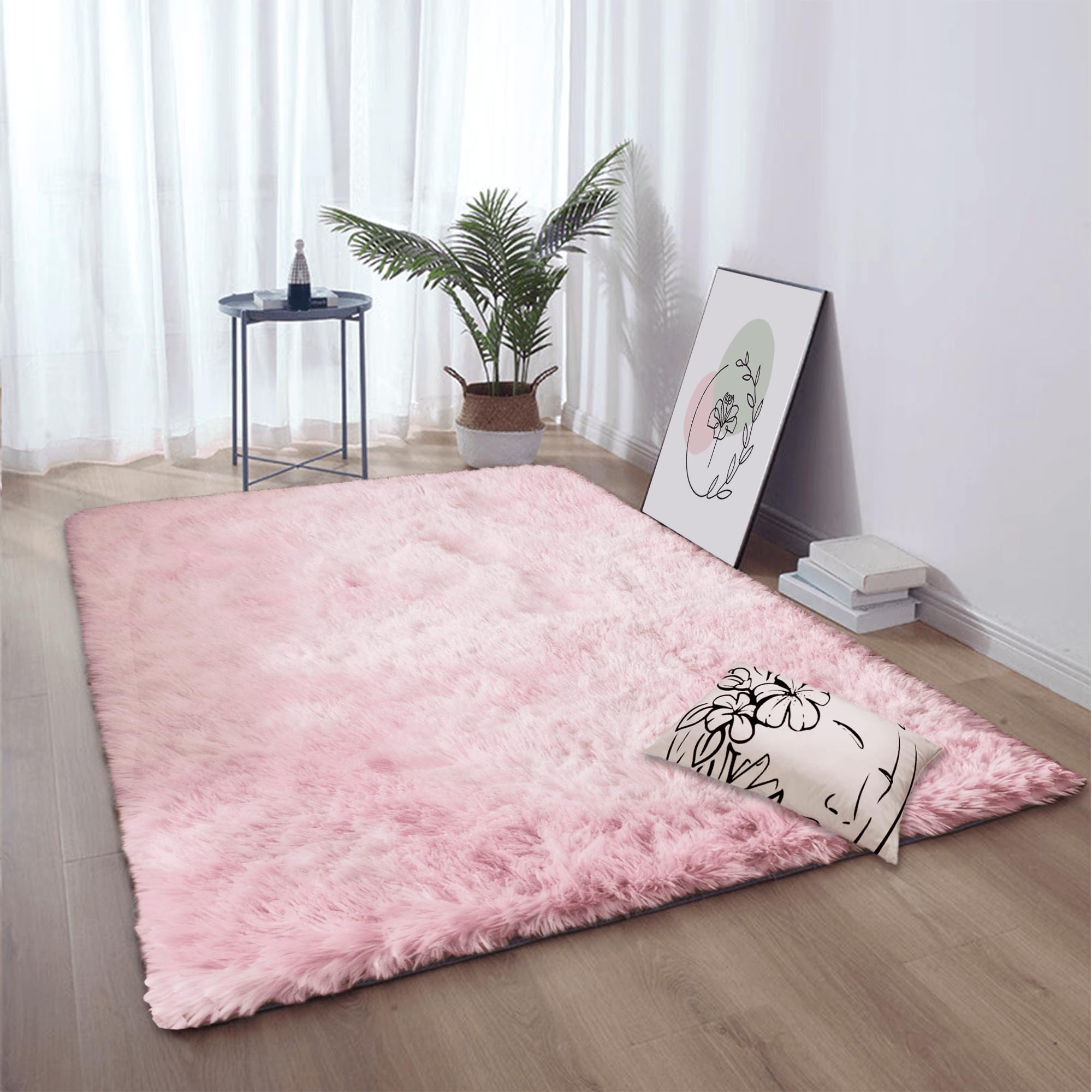 Tapis moelleux ne perd pas ses poils rose clair 240 x 270 cm avec dossier antidérapant