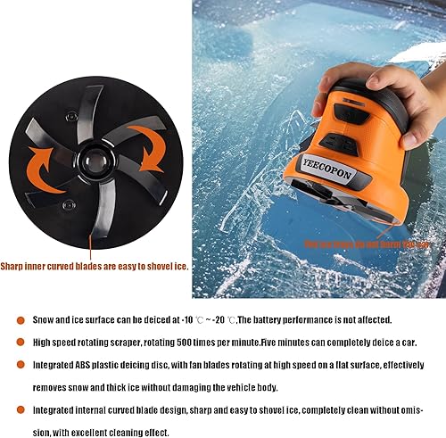 Vista 5 de Rascador de hielo eléctrico 3 en 1 para automóviles y hogar - Descongelador de mano inalámbrico, limpiador y pulidor, motor de 500 RPM, batería
