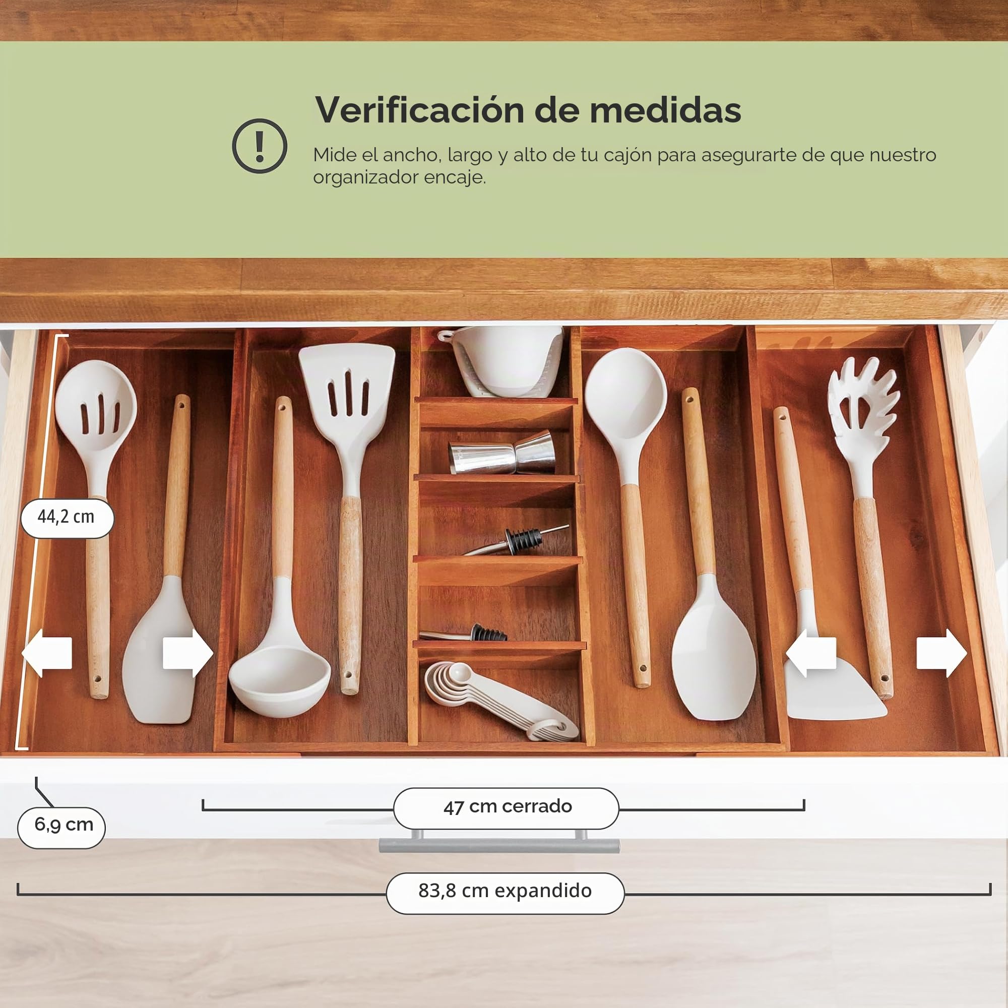 KitchenEdge Adjustable Kitchen Drawer Organiser for Utensils and Junk, Expandable to 33 Inches Wide, 9 Compartments, 100% Bamboo