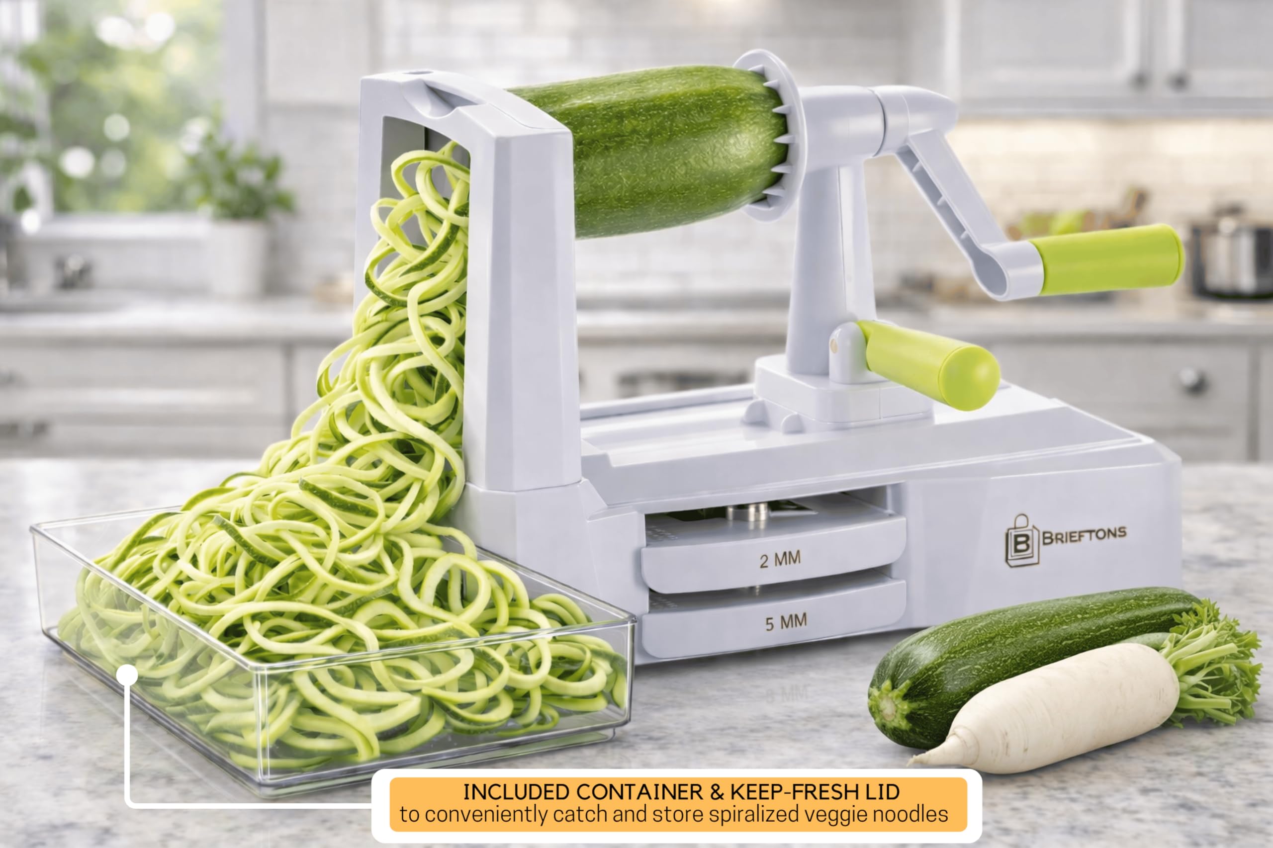 Brieftons Affetta Verdure a Spirale 5 Lame (BR-5B-02), Tagliaverdure Robusto per Spaghetti di Zucchine, Diete Low-Carb, Paleo, Senza Glutine, con Affettatrice Extra e 4 Ebook Ricette