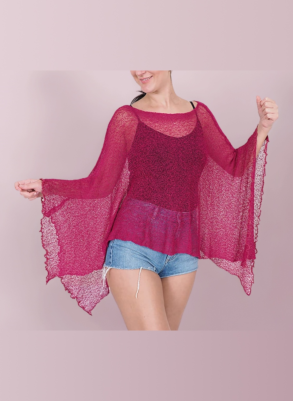 – Ladies Crochet Poncho Lace Fish Net Batwing Wrap Beach Cover Up