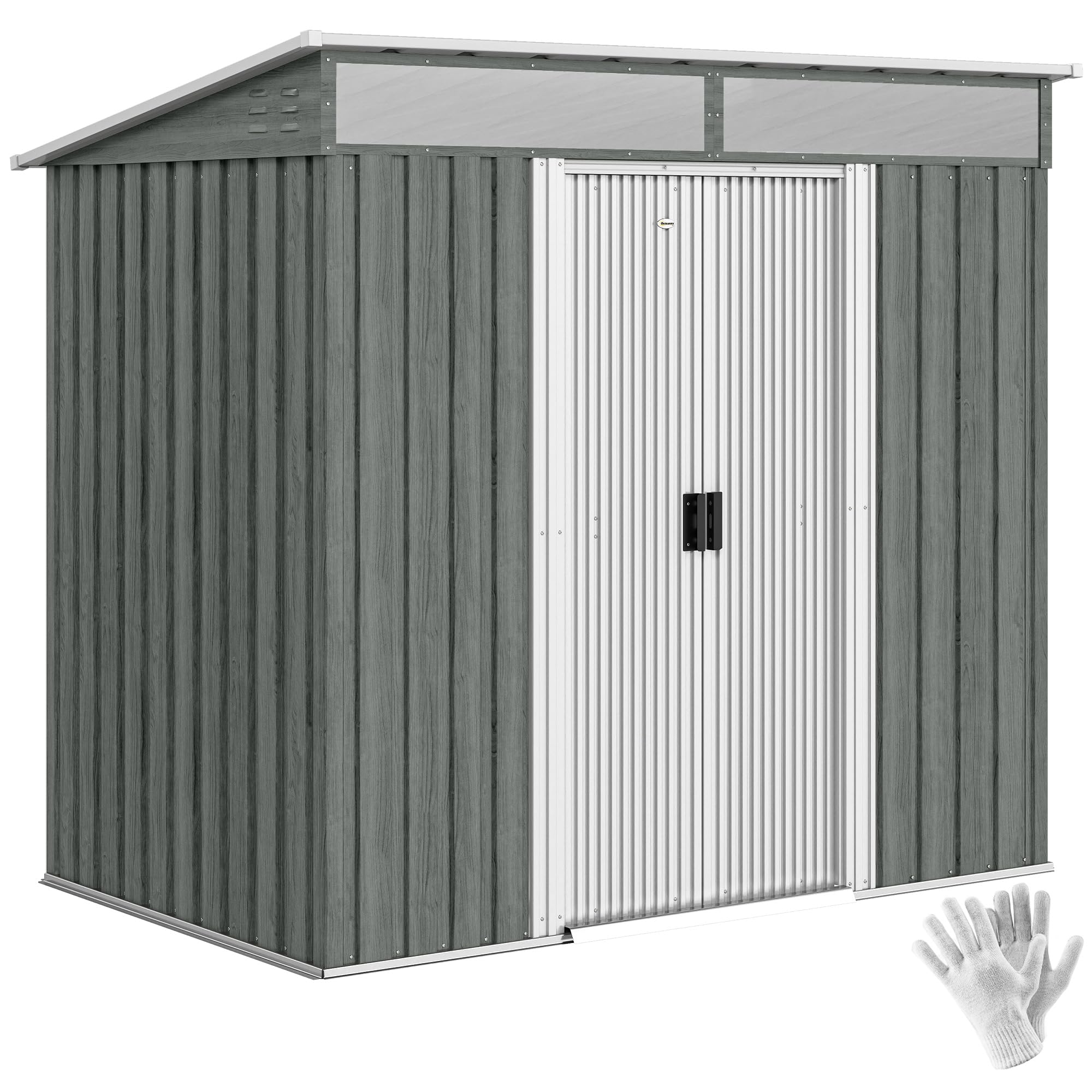 Outsunny 6.5X4Ft Garden Shed Lockable Metal Tool Shed Light Grey Wood Effect from B&Q