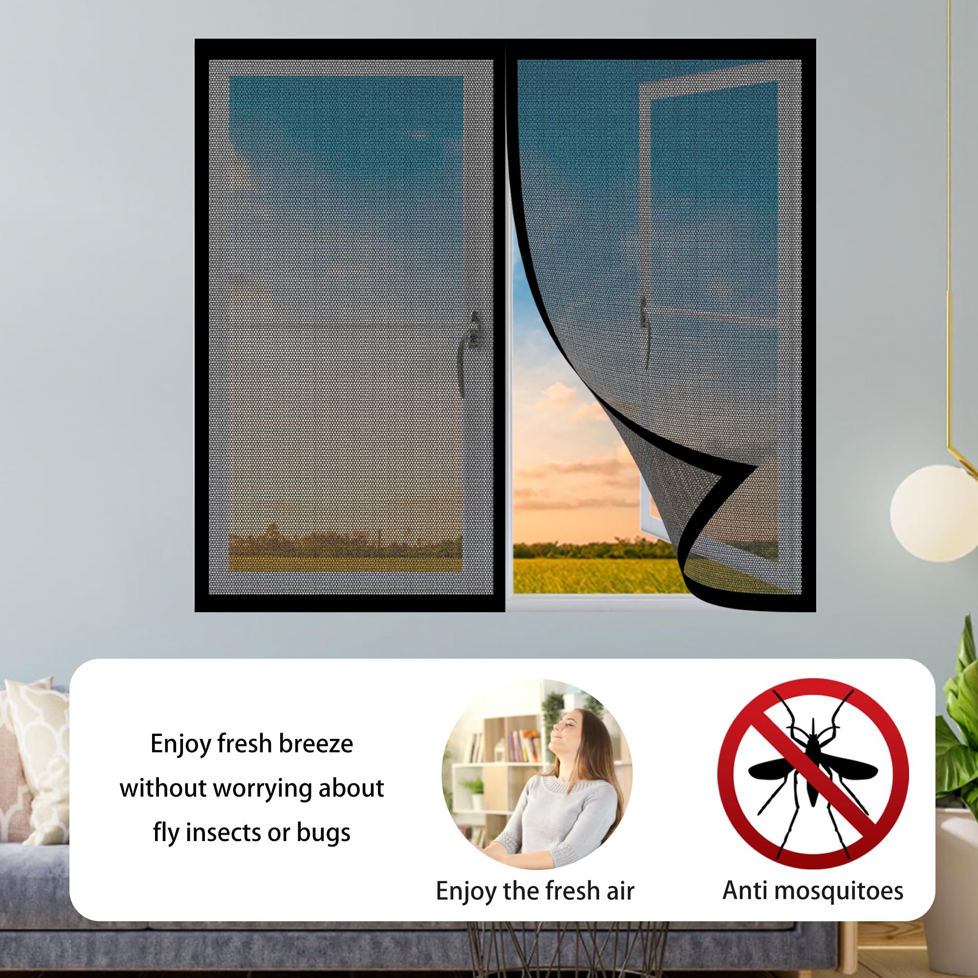 Mosquiteras para Ventanas Enrollables 160 x 176 cm sin Taladrar Antimosquitos para Puerta Ventana Cierre Magnético Automático para La Mayoría de Los Tipos de Ventanas, Negro
