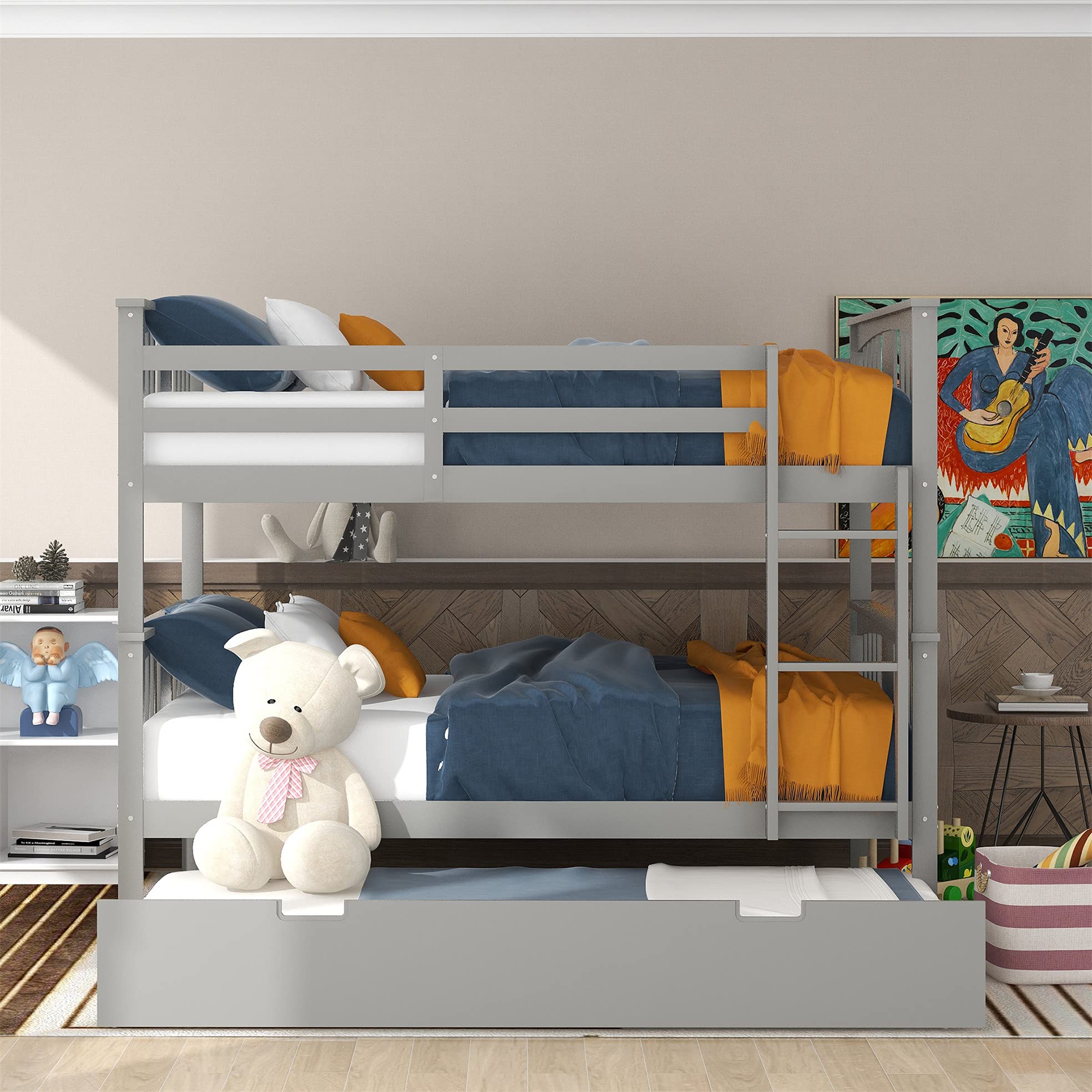 Harper & Bright Designs Solid Wood Bunk Bed with Trundle, Full Over Full Convertable Bunk Bed with Lader and Guardrail for Kids, Teens, Adults, Gray