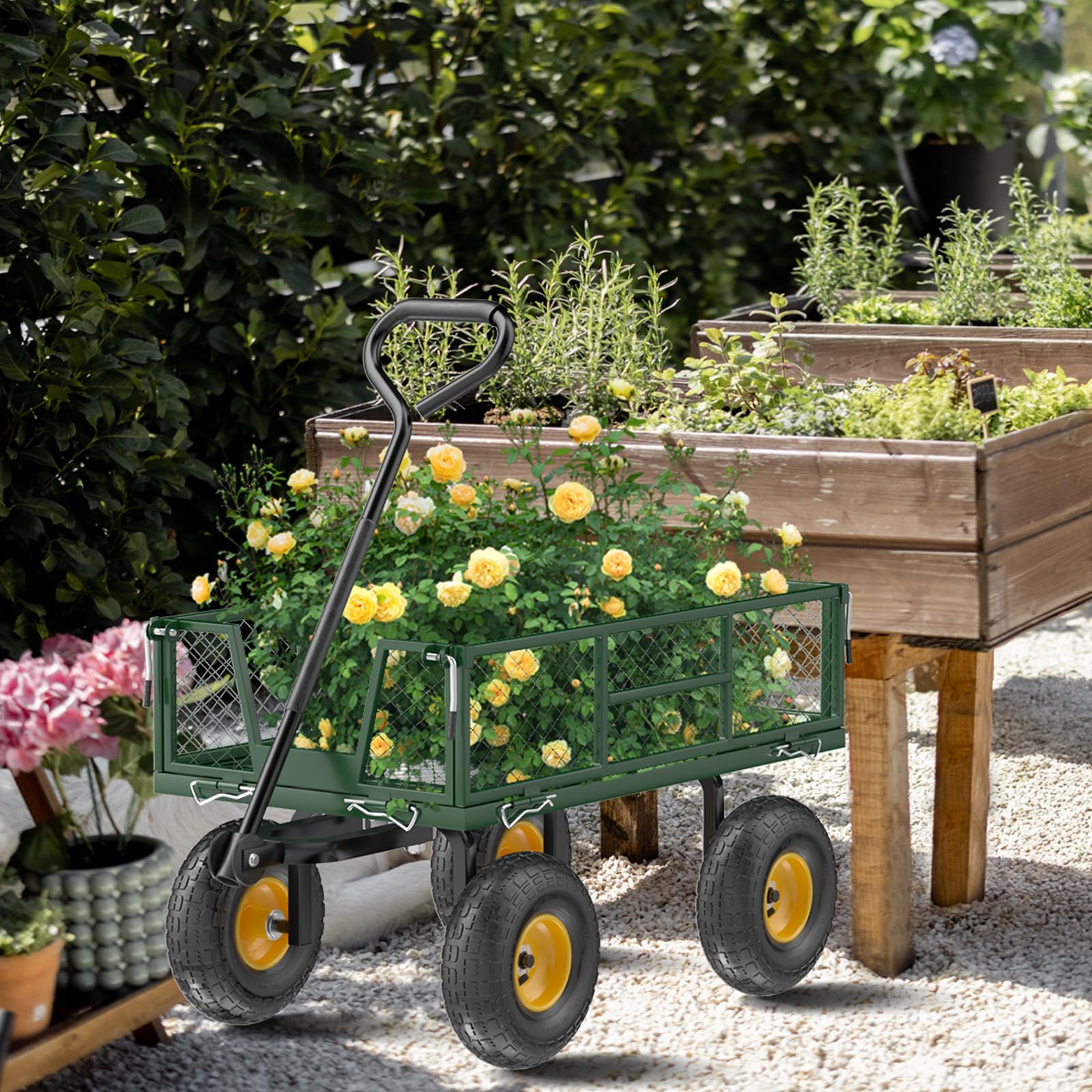 Bonnlo Gartenwagen, Bollerwagen Metall mit 180° drehbarem Griff und abnehmbarem Eisennetz, 363 kg Schwerlast-Nutzwagen, Kippwagen für Garten, Rasen und Landschaftsbau (Grün, 95,5 x 51 x 90 cm)