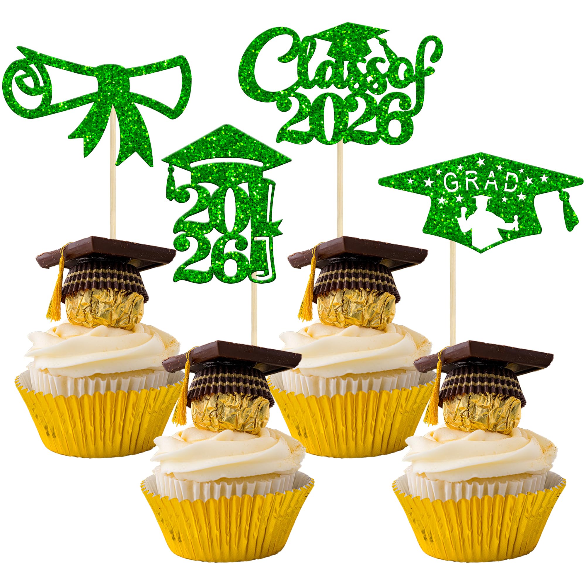 Gyufise 24Pcs 2026 Graduation Cupcake Toppers Glitter Class of 2026 Diploma Congrats Grad Cap Cupcake Picks 2026 Graduation Theme Party Cake Decorations Supplies Green — image 1
