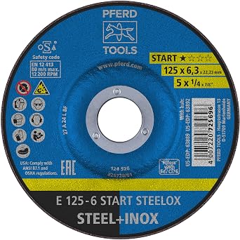 PFERD Start STEELOX Type 27 Grinding Wheel, 5" x 1/4" x 7/8", Aluminum Oxide for Angle Grinders Use on Steel & Stainless Steel Pack of 10 - Part 63889