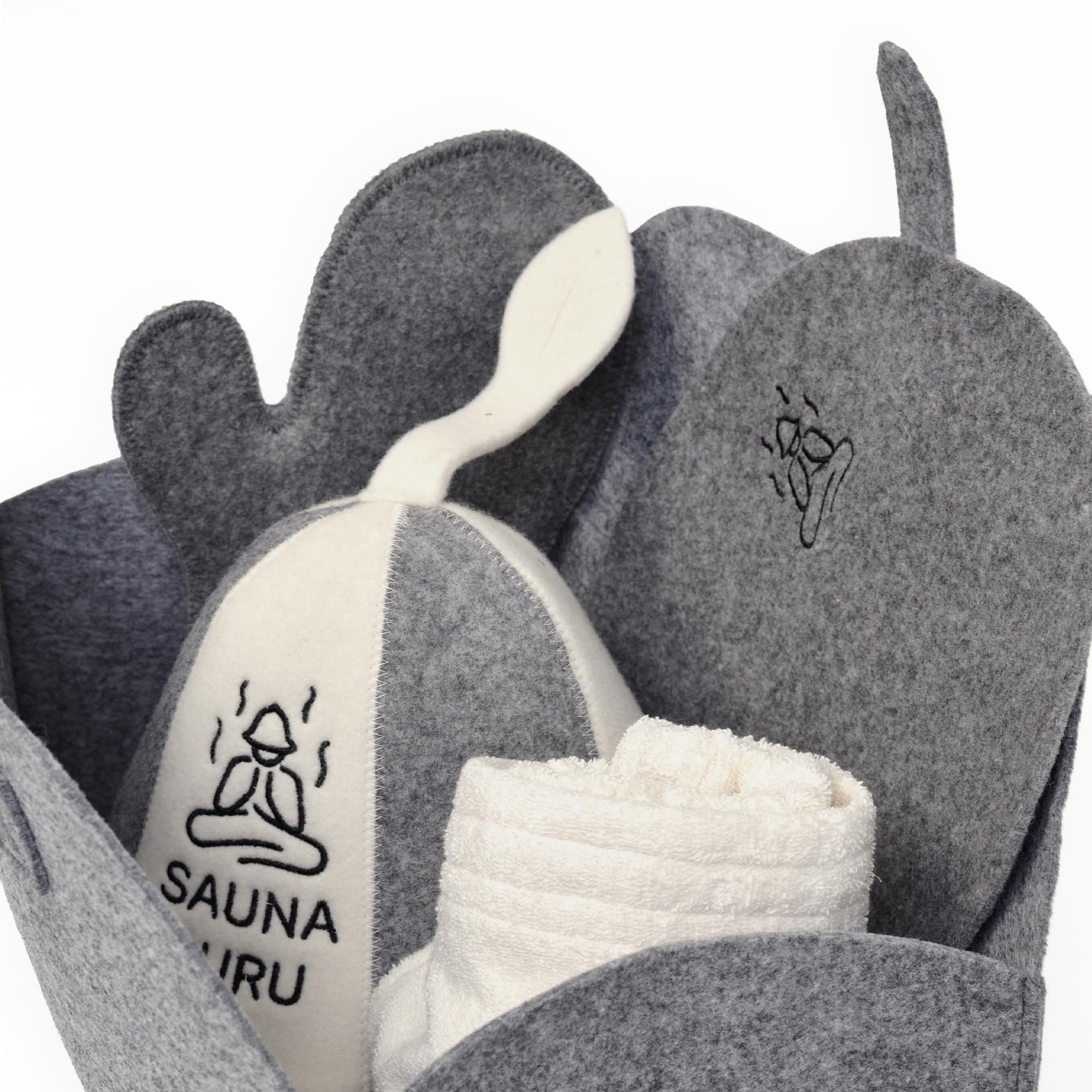 Sauna-Zubehör-Set – Woll-Banja-Hut, Kilt-Handtuch, Aufbewahrungstasche, Filzhandschuh & Sitzkissen – Für finnische, russische, Dampf-, Trocken- & Außensaunen – Wellness-Geschenkset – Für Männer