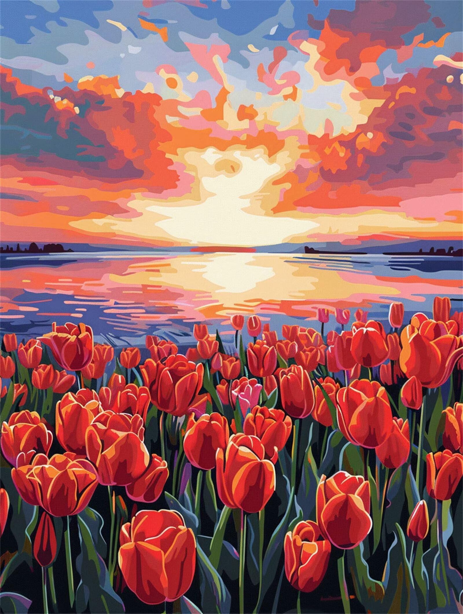 Dipingere con i Numeri Adulti tramonto, tulipani Dipingere con i Numeri Bambini DIY Kit, Set Premium con Pennelli, Decorazione Casa & Creativo Regalo, Attività di Tempo libero 70x95cm z-263