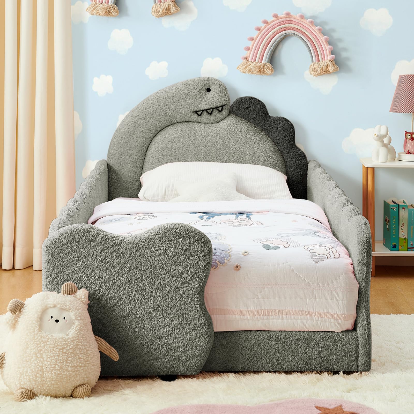 Twin Size Kids Bed with Dinosaur Headboard, Upholstered Boucle Fabric Twin Daybed with Slats Support &amp; Side Pocket, Space-Saving Wooden Corner Sofa Couch Day Bed Frame for Girl, Boy, Teenager(Grey)
