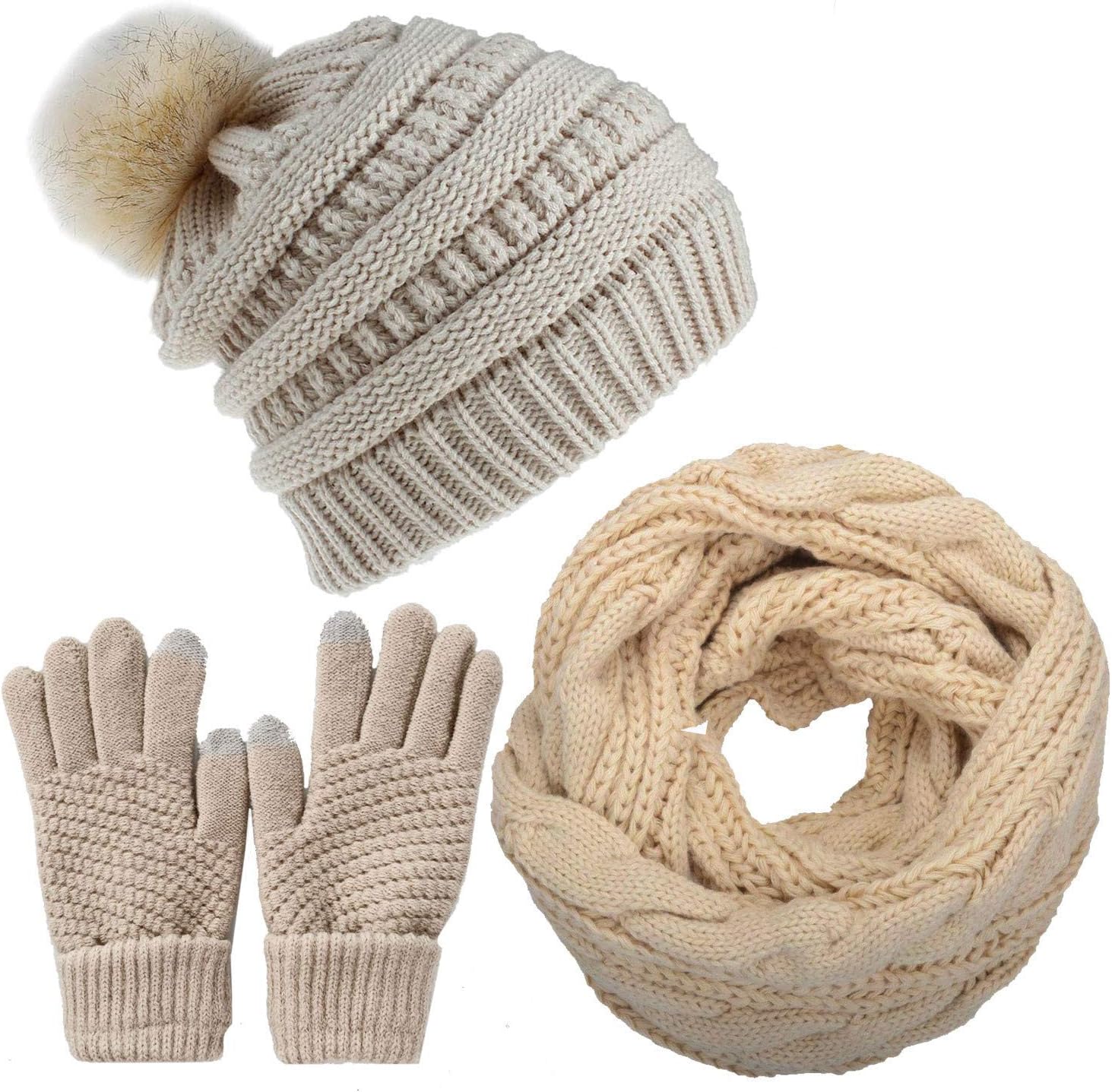 CheChuryWomen Knitted Hat Scarves Gloves Set Girls Winter Warm Beanie Hat Scarf Neck Warmer and Touchscreen Gloves Set for Lady Outdoor Sports Thermal