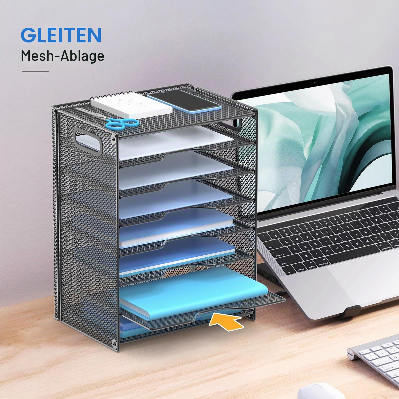 OUTWOLF Schreibtisch Organizer mit Griff, 8 Ebenen Briefablage Stabile Metall-Ablagefächer, Ablagefächer Bürobedarf für A4 Dokumentenablag, Papier, Buch, Magazin (Schwarz)