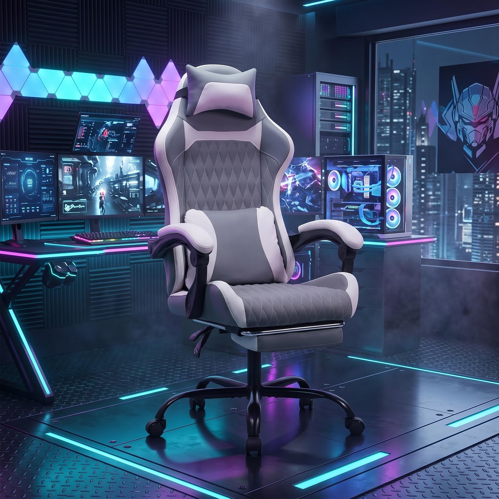 Atenza Ergonomischer Gaming Stuhl mit Fußstütze, Gaming Chair bis 136kg (Dunkelgrau-Weiß)