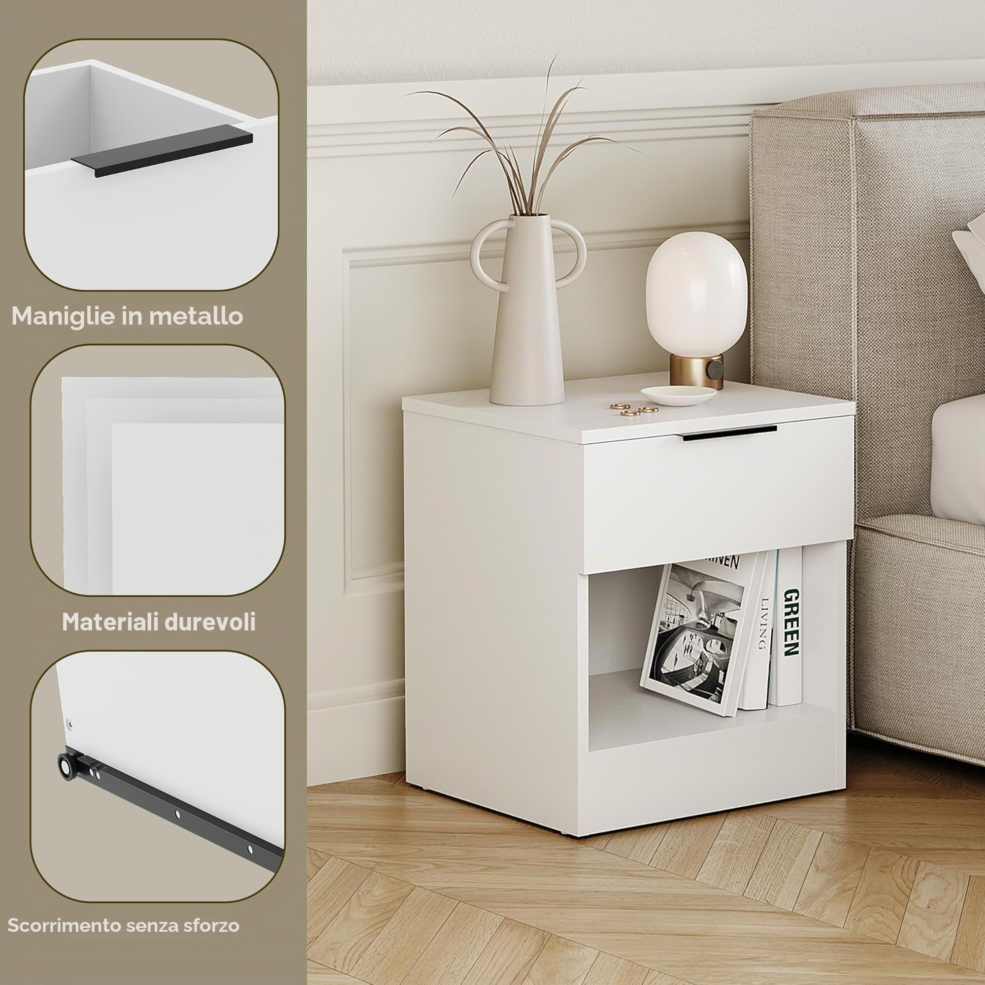 Vida Designs Trega - Comodino con 1 cassetto, compatto, salvaspazio, 41 x 39 x 28 cm (altezza x larghezza x profondità), in legno ingegnerizzato, cassetto scorrevole liscio, moderno manico nero