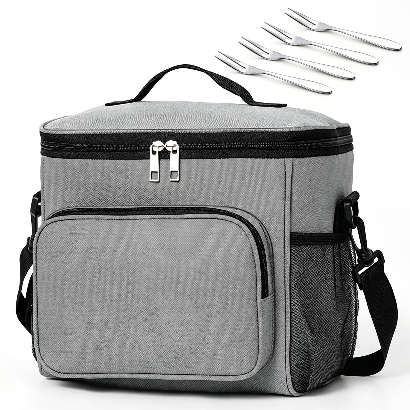 lmytdo Lunch Bag for Men Women, 10L Large Lunch Box Insulated Cooler Bag Waterproof Leak-Proof Thermal Lunch Bag with 4 Fruit Forks for Adults Kids School Outdoor Picnic Work (Gray)
