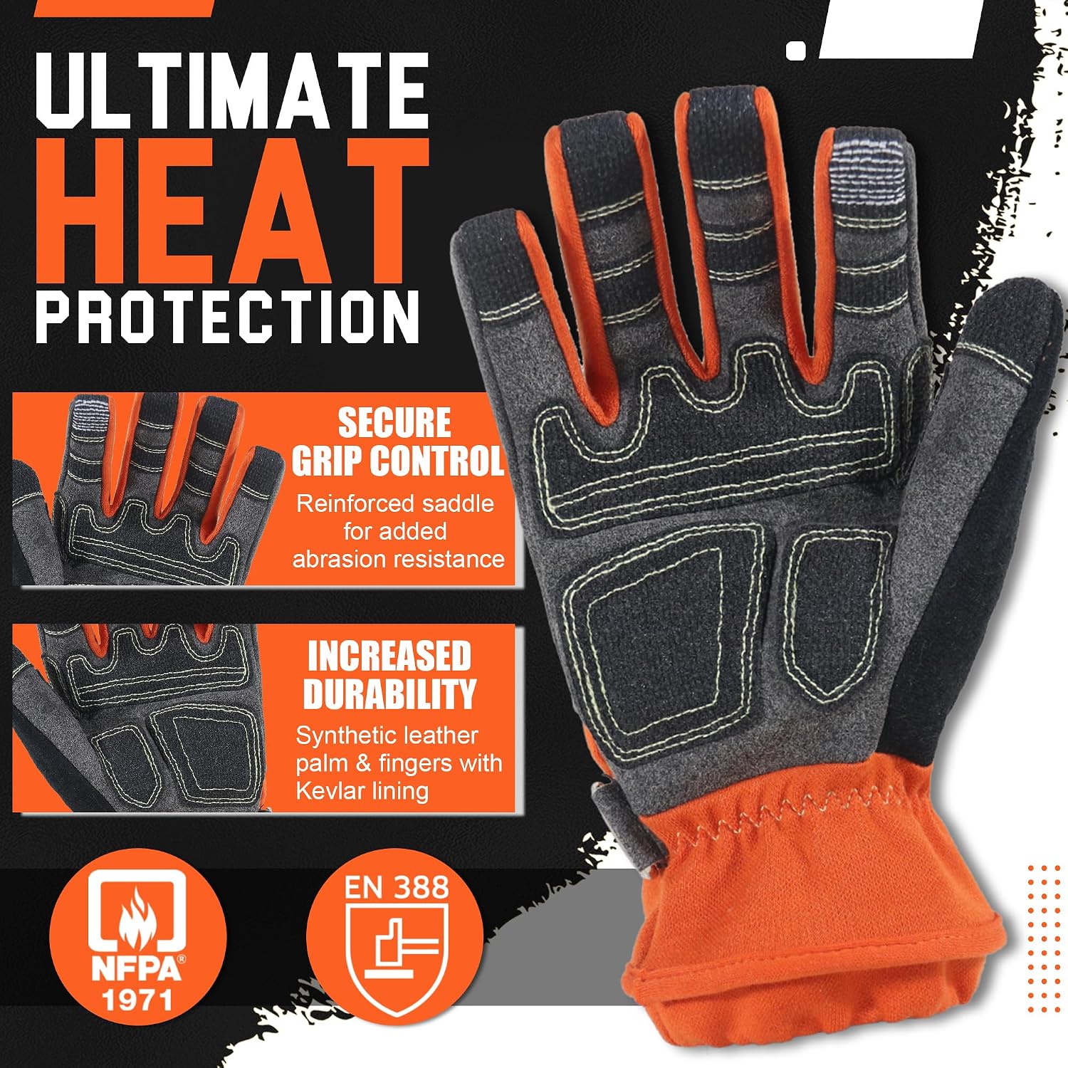 HANDLANDY Firefighter Rescue Extrication Glove, Heavy Duty Impact Safety Gloves, Cut Resistance Level 3 & Wear Resistance (Orange, Large)