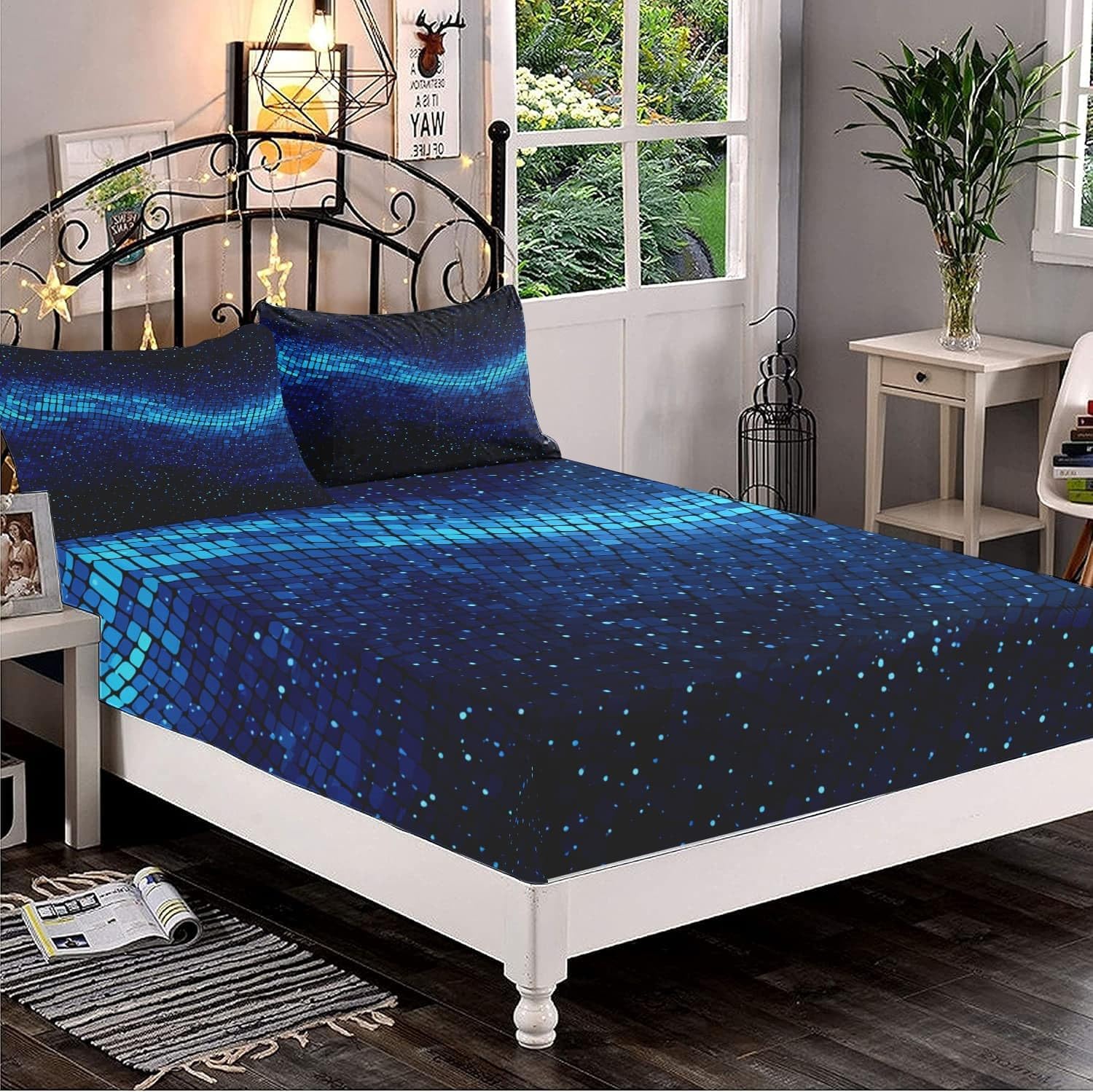 Lot de 3 Draps Housses 200x200x30 cm 2 Personnes Lit GéOméTrie du Ciel éToilé De Science-Fiction avec 2 Taies d'oreillers, Doux et Respirant Linge de Lit Draps Housses Bleu Foncé pour Enfant Adulte