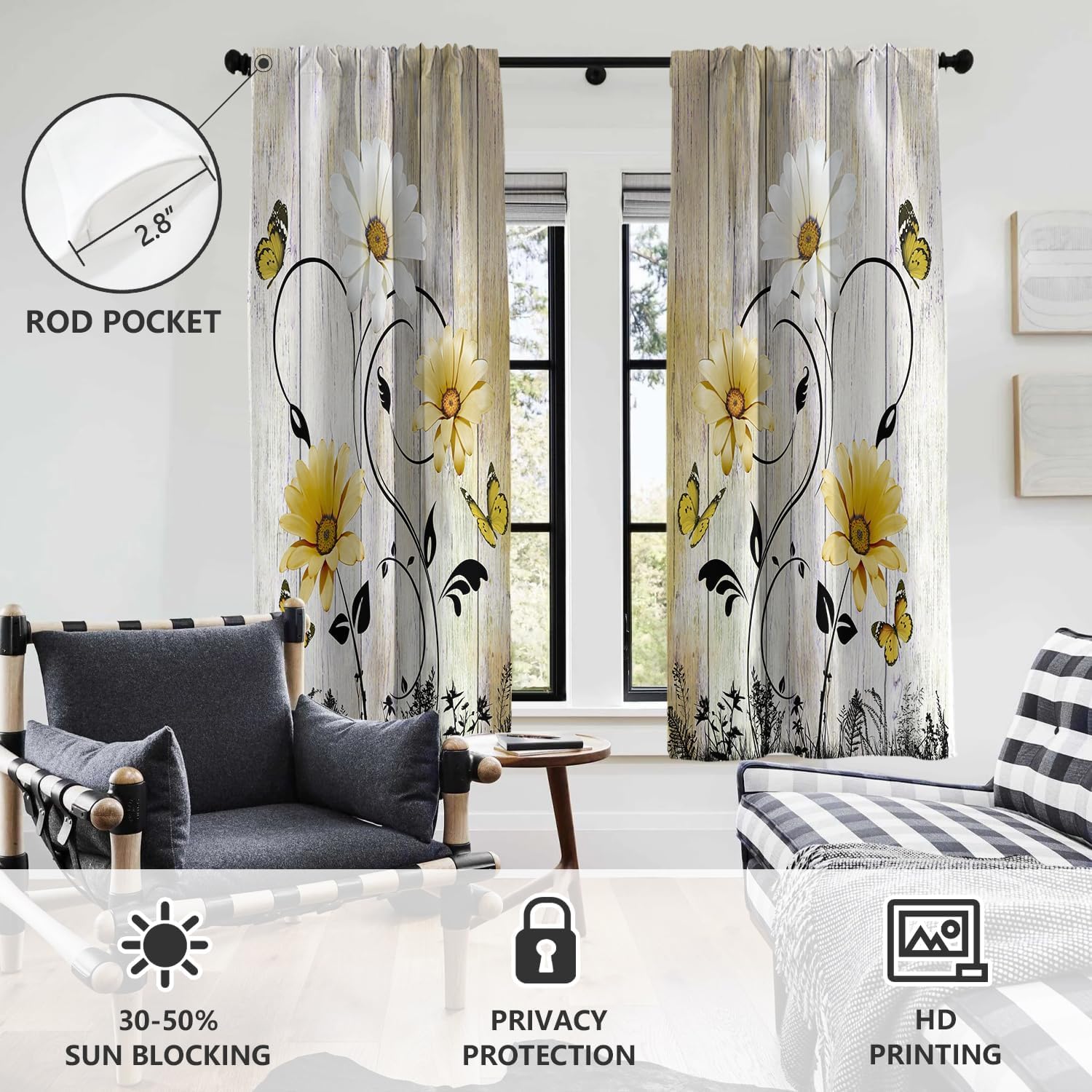 AAtter Yellow Floral Window Curtain Rustic Country Flower White Daisy Sunflower Butterfly Abstract Black Leaves Grey Living Room Bedroom Window Drapes Treatment Fabric 1 Pair, 52" W x 84" L, Vintage