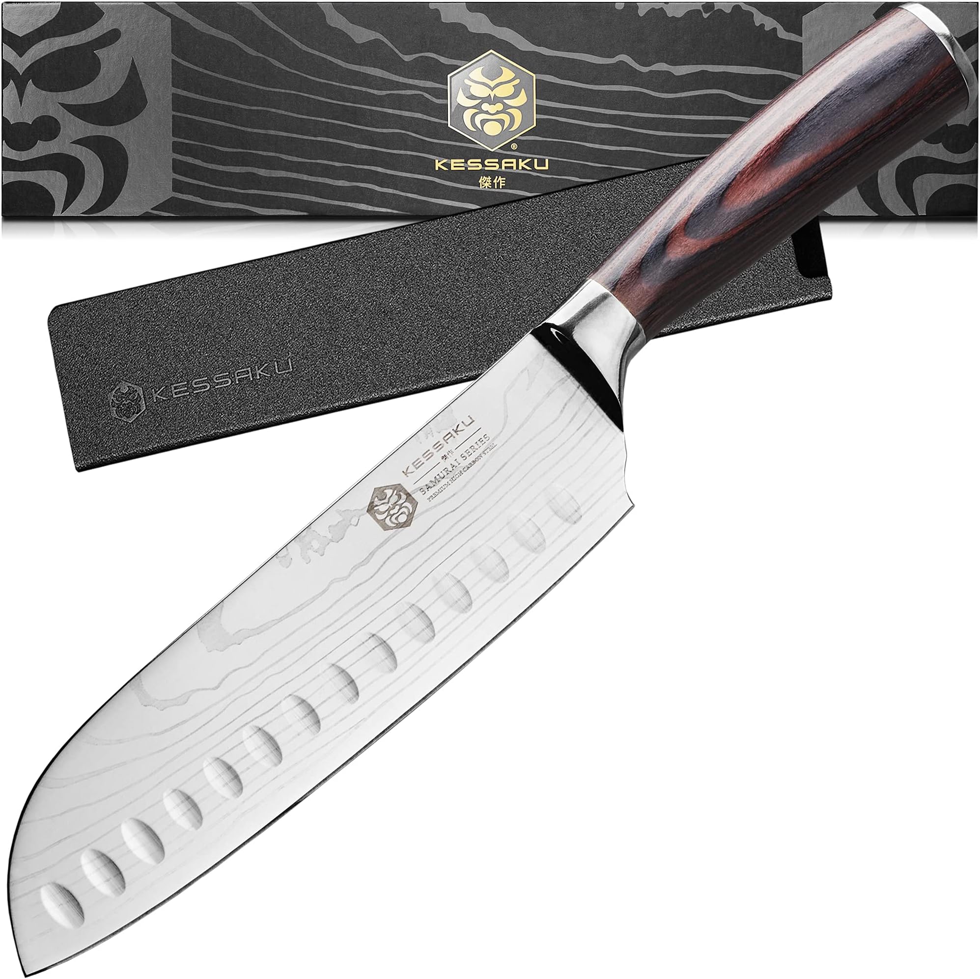 Santoku Knife - 7 inch - Samurai Series - Razor Sharp Kitchen Knife - Forged 7Cr17MoV High Carbon Stainless Steel - Wood Handle with Blade Guard