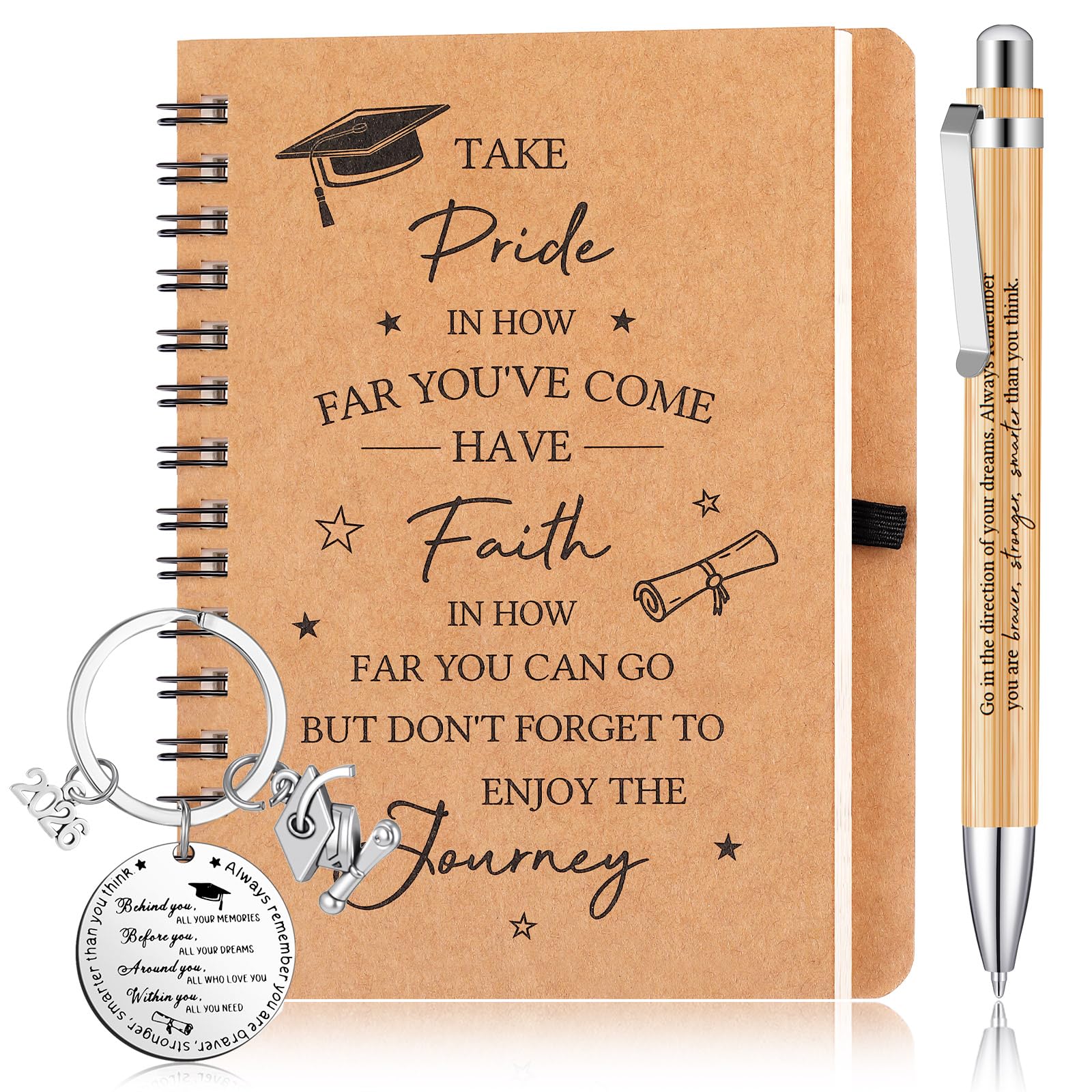 Clabby 3 Pcs 2026 Graduation Gifts Include Inspirational Spiral Notebook Motivational Positive Keychain Bamboo Ballpoint Pen for Graduation Party Favors Class of 2026 College Grad Student Gifts
