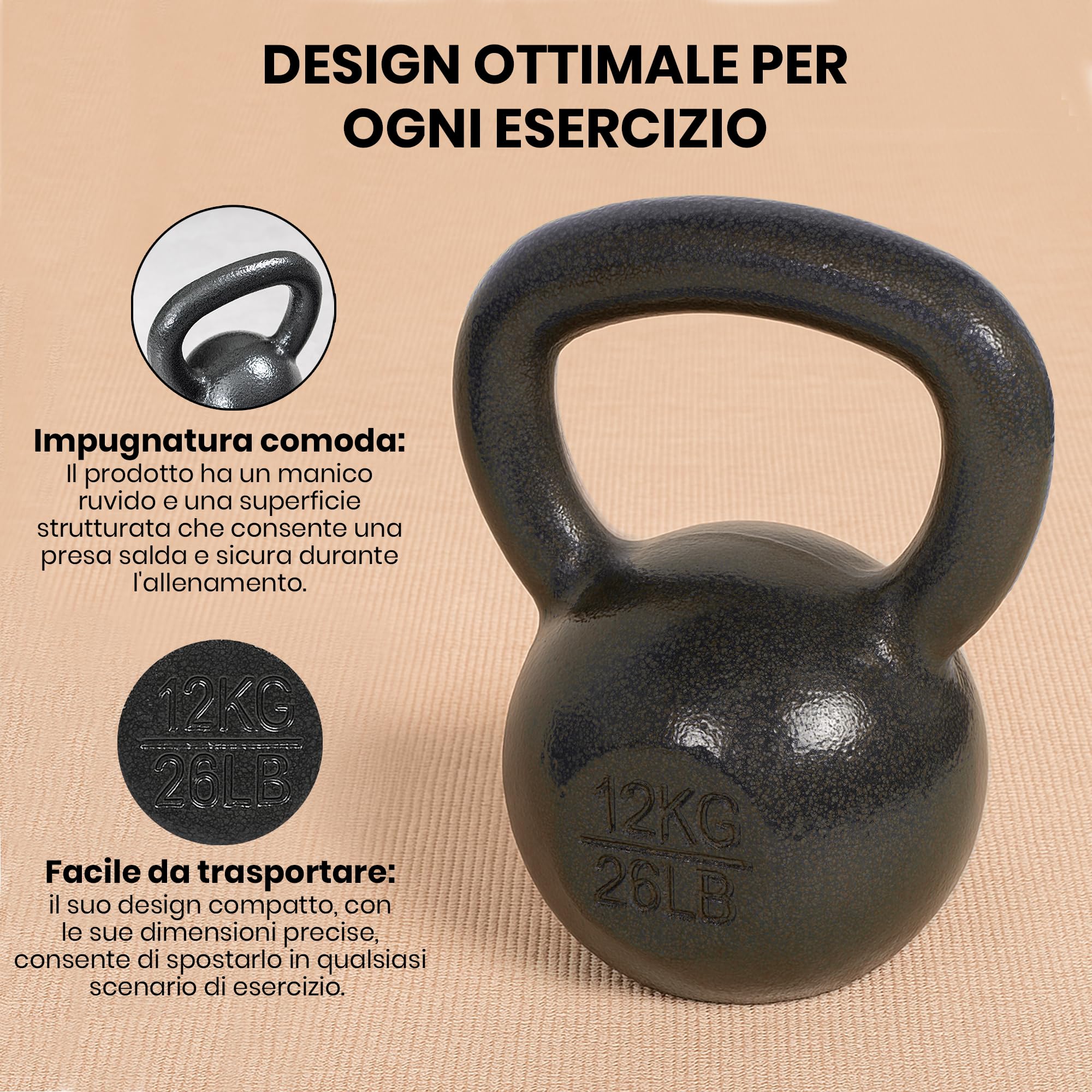 unycos - Kettlebell 12 kg in Ghisa con Rivestimento Resistente, Peso con Impugnatura Ergonomica Antiscivolo, Compatto e Facile da Trasportare per Palestra, Fitness, Bodybuilding, Muscoli (Nero)
