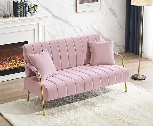 Miniatura 7 de Majnesvon Sofá biplaza de terciopelo moderno de 61 pulgadas sofás de sofá con respaldo copetudo patas de metal dorado sofá decorativo para sala de