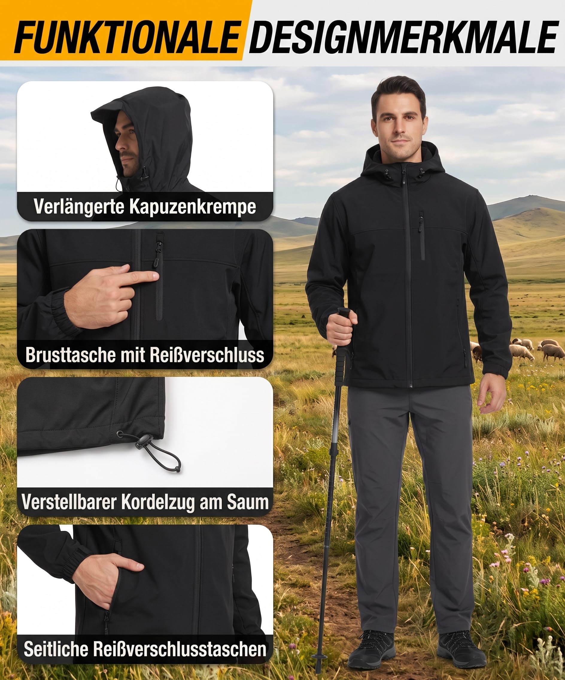 W JIANWANG Chubasquero para hombre, impermeable, transpirable, con capucha, resistente al viento, costuras selladas, chaqueta rígida ligera para senderismo, trekking, bicicleta, camping