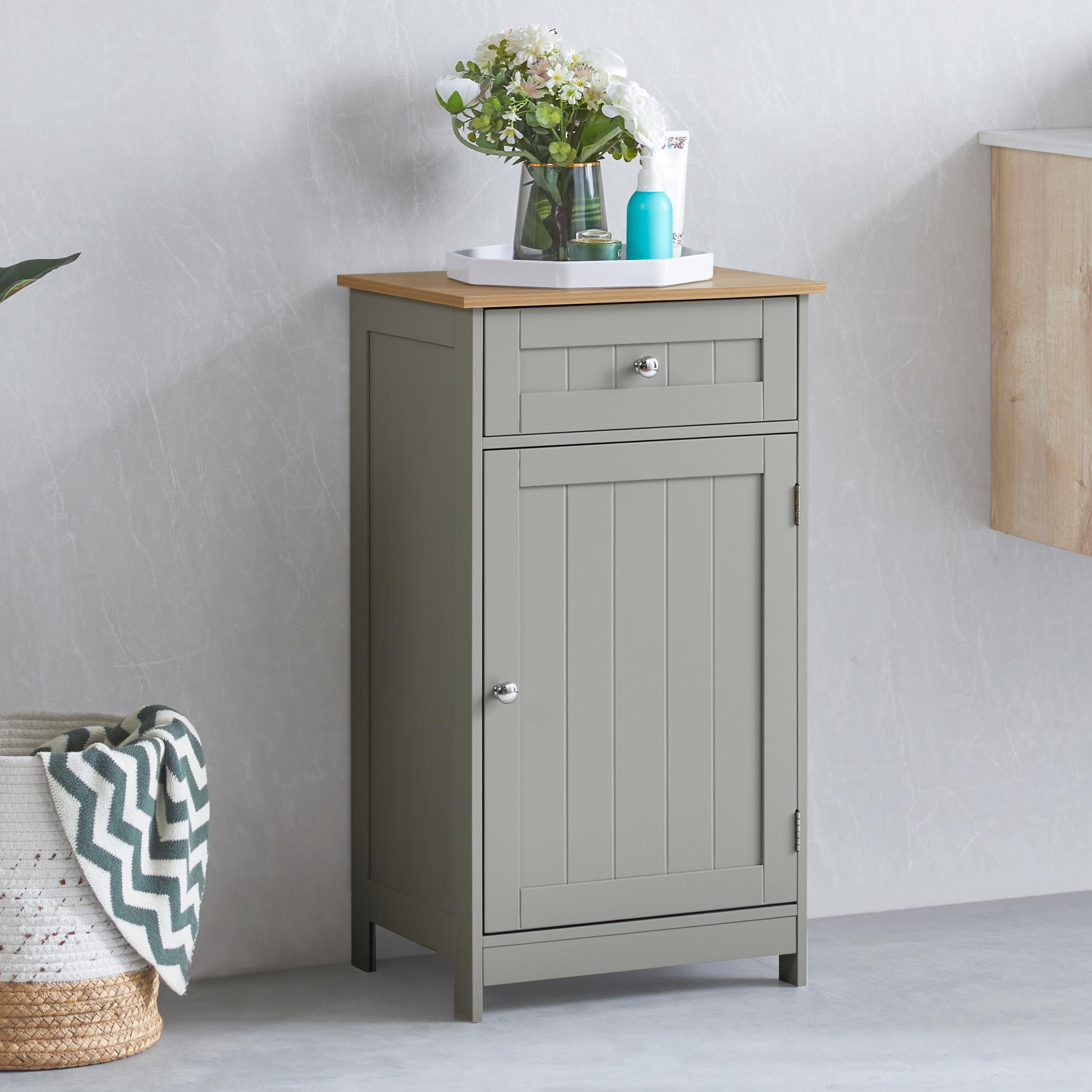 Bath Vida Priano Bathroom Cupboard 1 Door 1 Drawer Floor Standing Cabinet Drawer Unit Storage, Grey & Oak