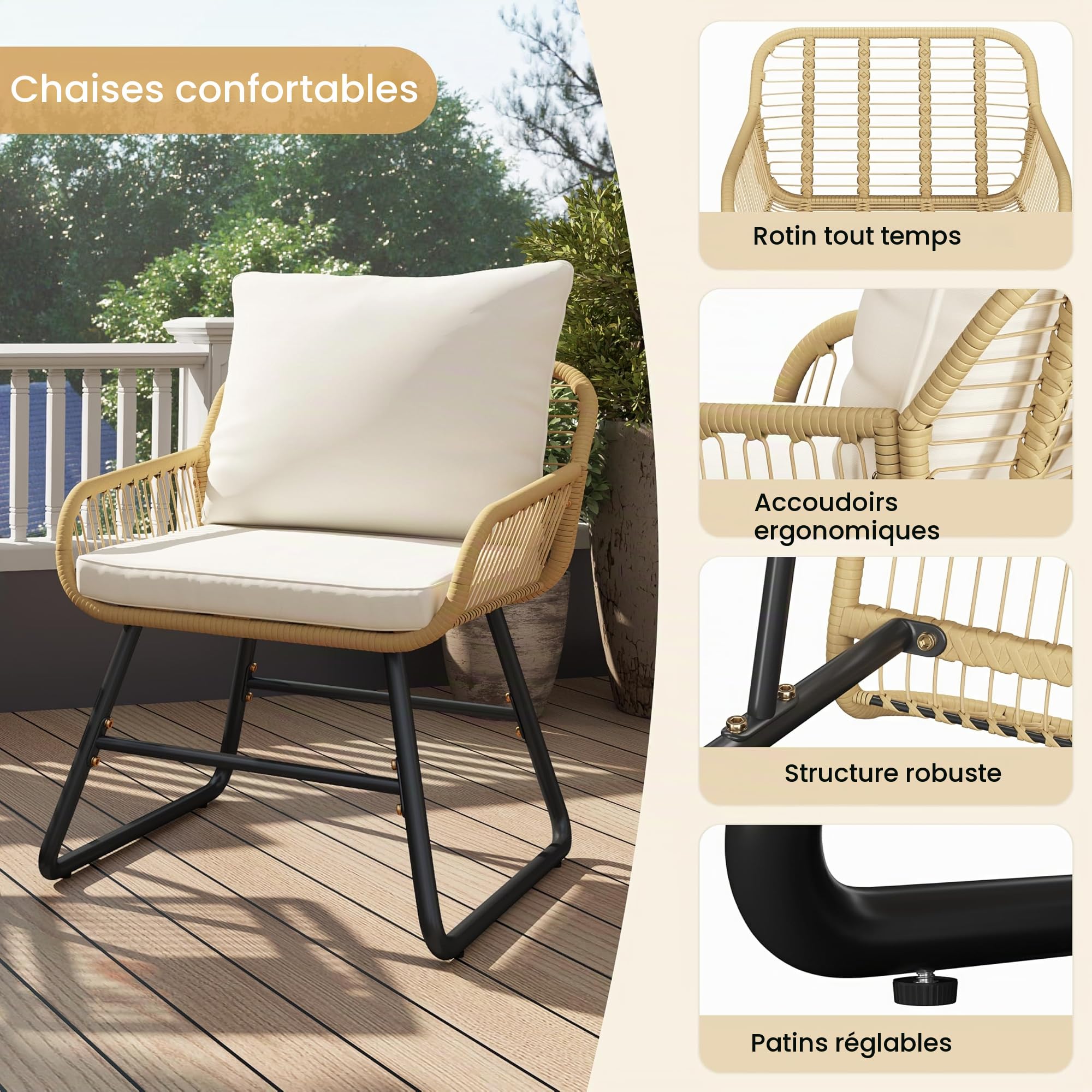 Yaheetch - Ensemble de 3 Meubles de bistrot en polyrotin avec 2 chaises - Petit Balcon, Salon de Jardin, extérieur, Marron Clair et Blanc crème