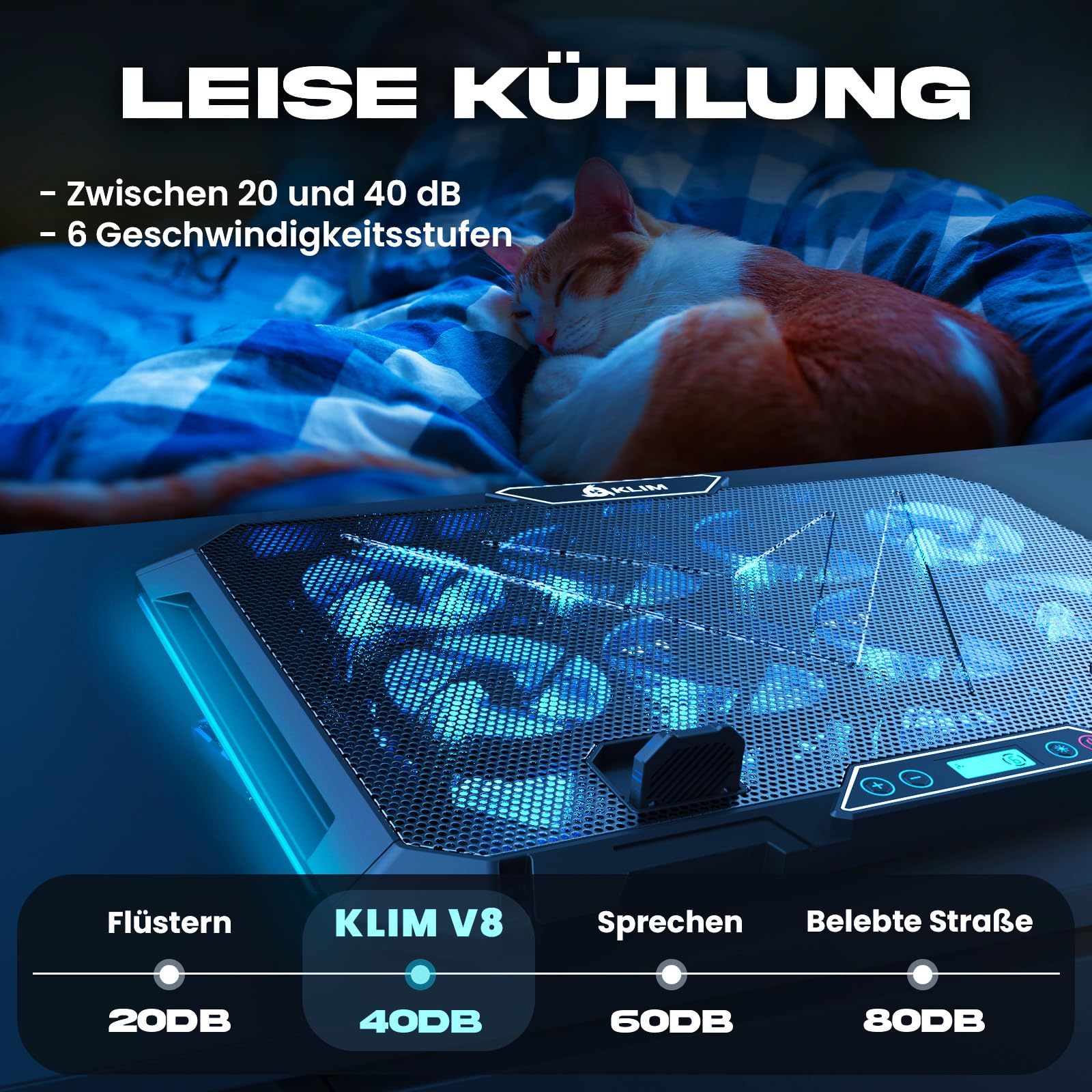 KLIM V8 Gaming Laptop Cooling Pad mit 8 Lüftern - Neu - Gaming Laptop Kühler - Stabiler RGB Notebook Ständer mit Lüfter - Kompatibel bis zu 17" - 2 USB Ports - Handyhalterung - 5 Jahre Schutz